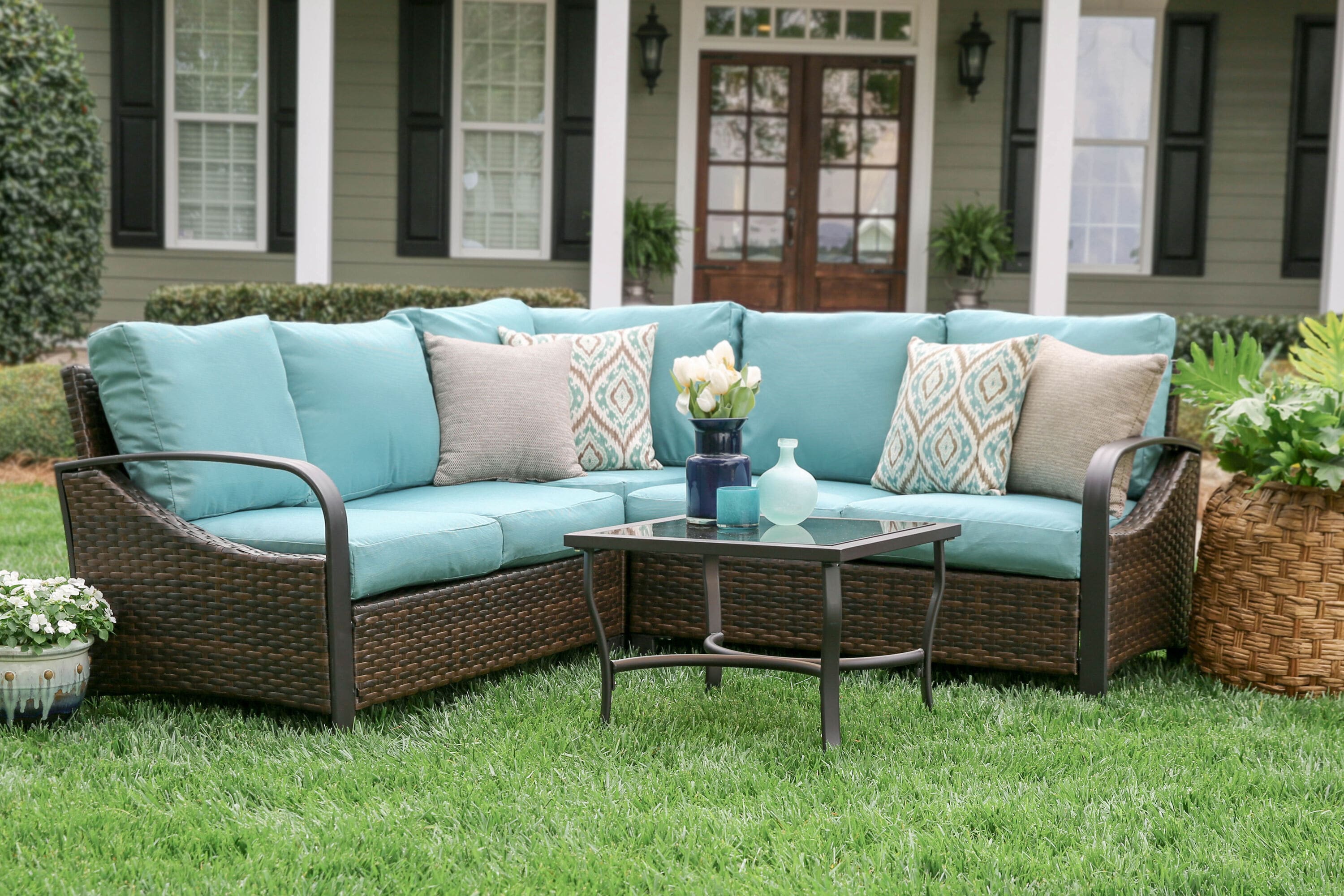 Leisure Made Trenton Wicker Outdoor Sectional with Blue Cushion(S) and ...