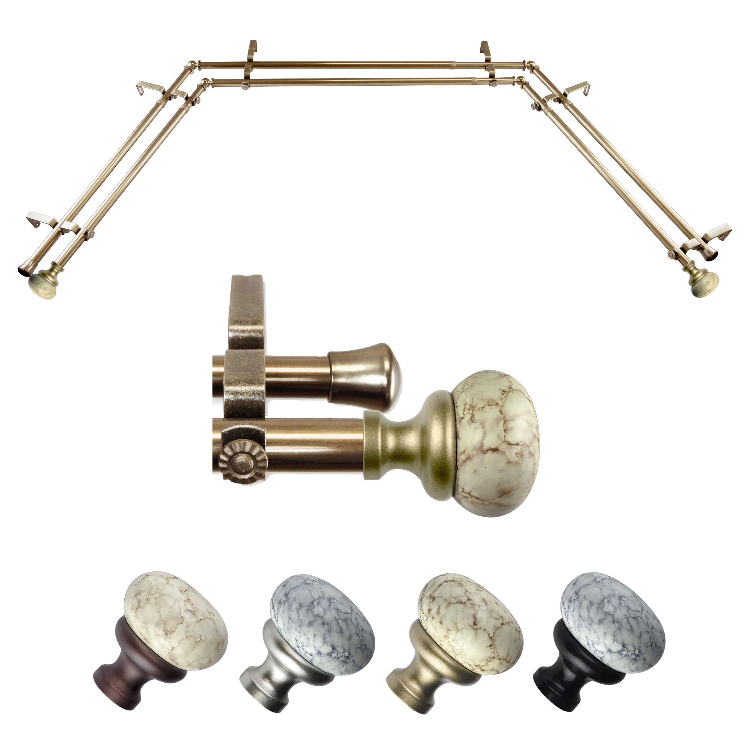 Hart & Harlow L-ABAY-76-4D Marvin 13/16-in Double 38-in to 72-in Antique brass Steel Bay window curtain rod with Finials