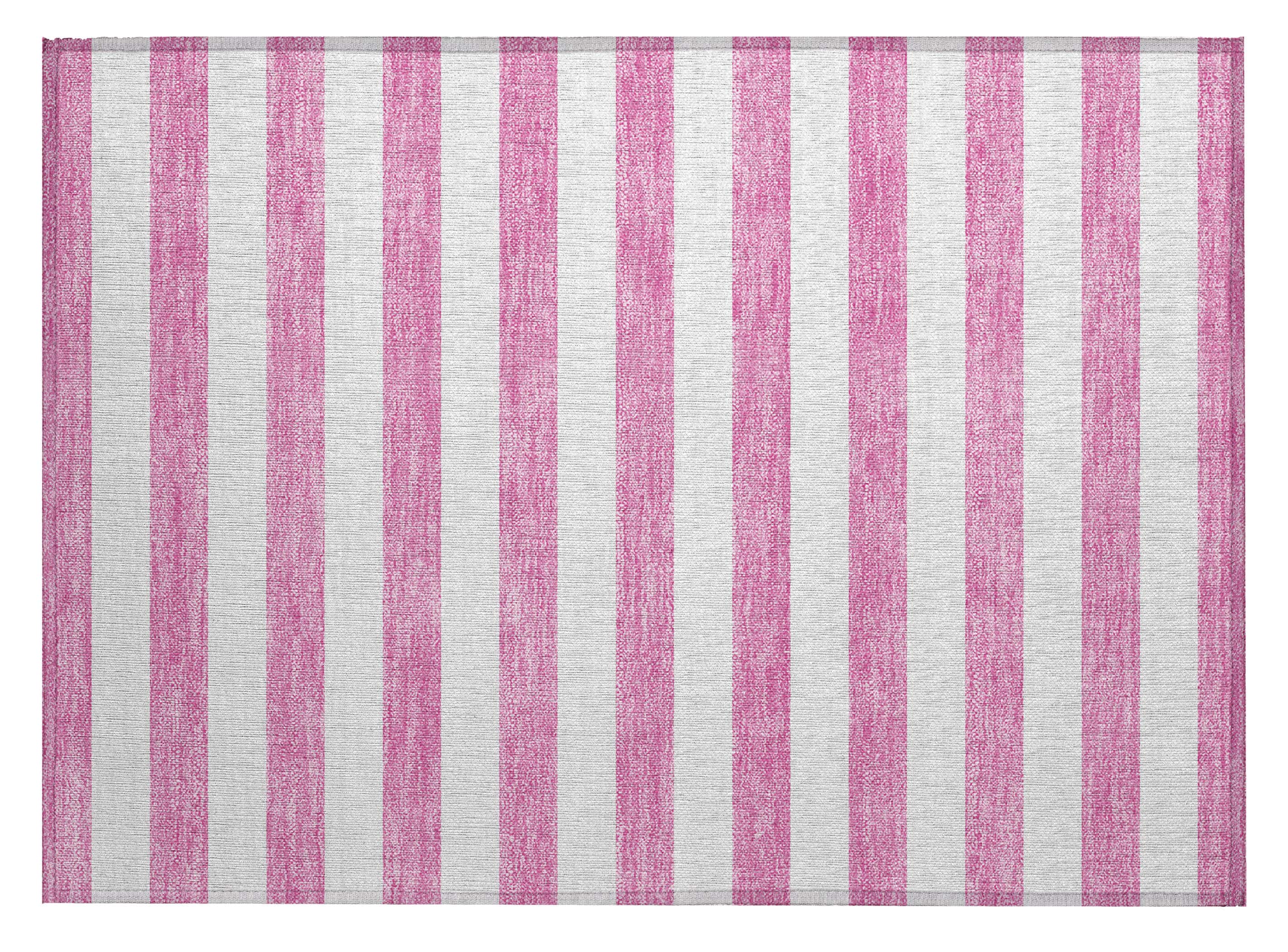 Pink and White Striped Synthetic Washable Area Rug