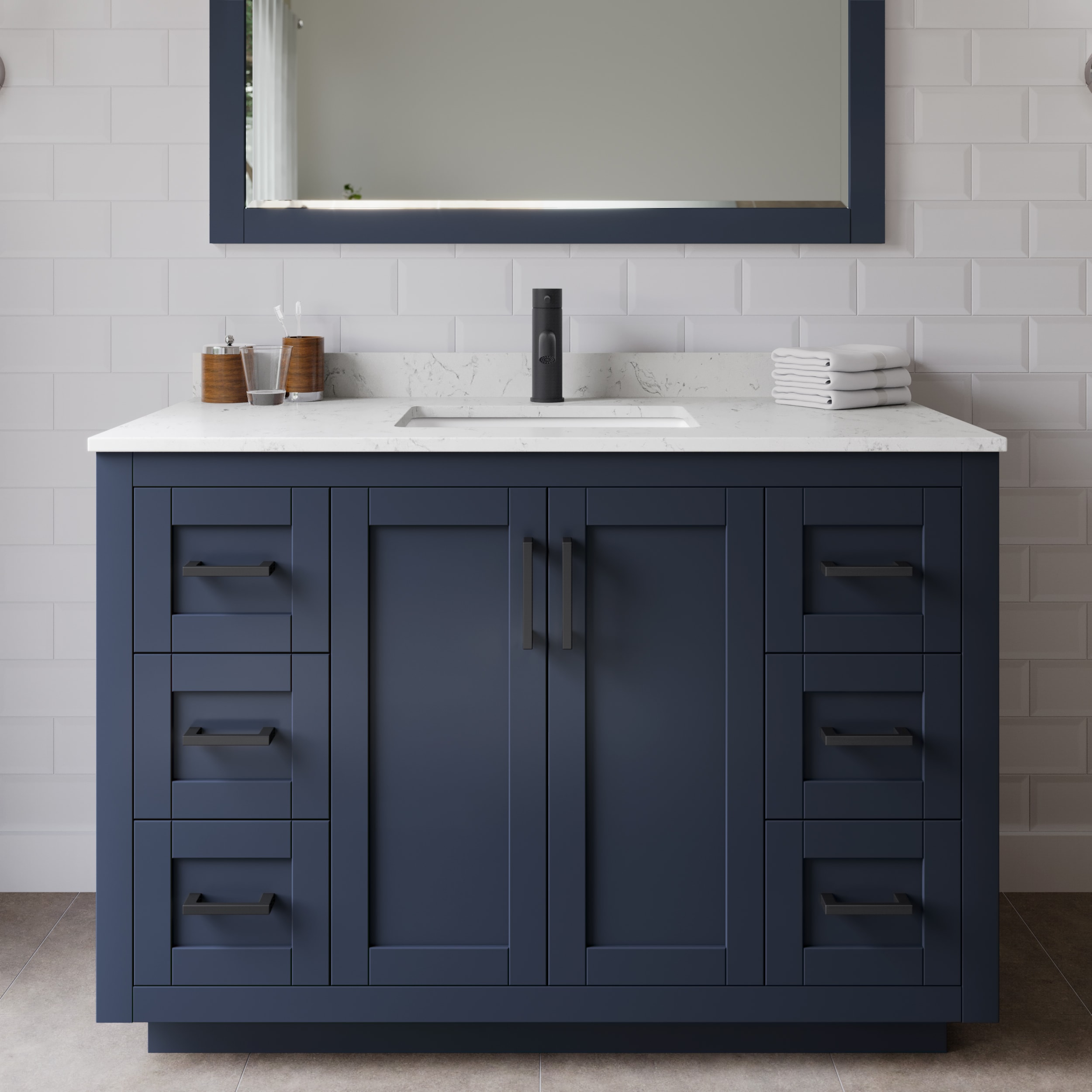 Wyndham Collection WCF292948SBBC2UNSM46 Miranda 48-in Dark Blue with Matte Black Trim Undermount Single sink Bathroom Vanity with Carrara Cultured Marble Cultured marble Top (Mirror Included)