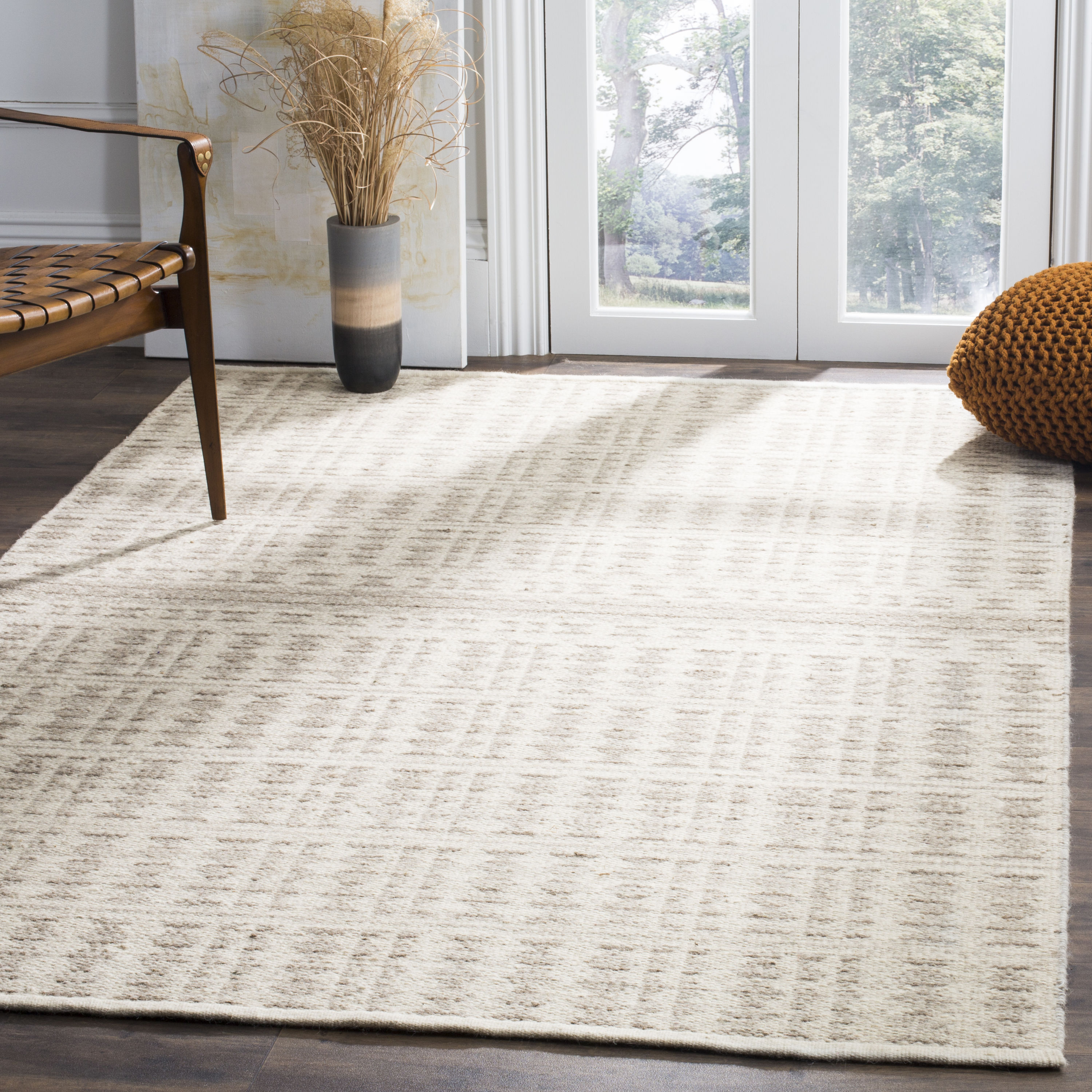 Ivory and Light Gray Handmade Wool 8' x 10' Area Rug