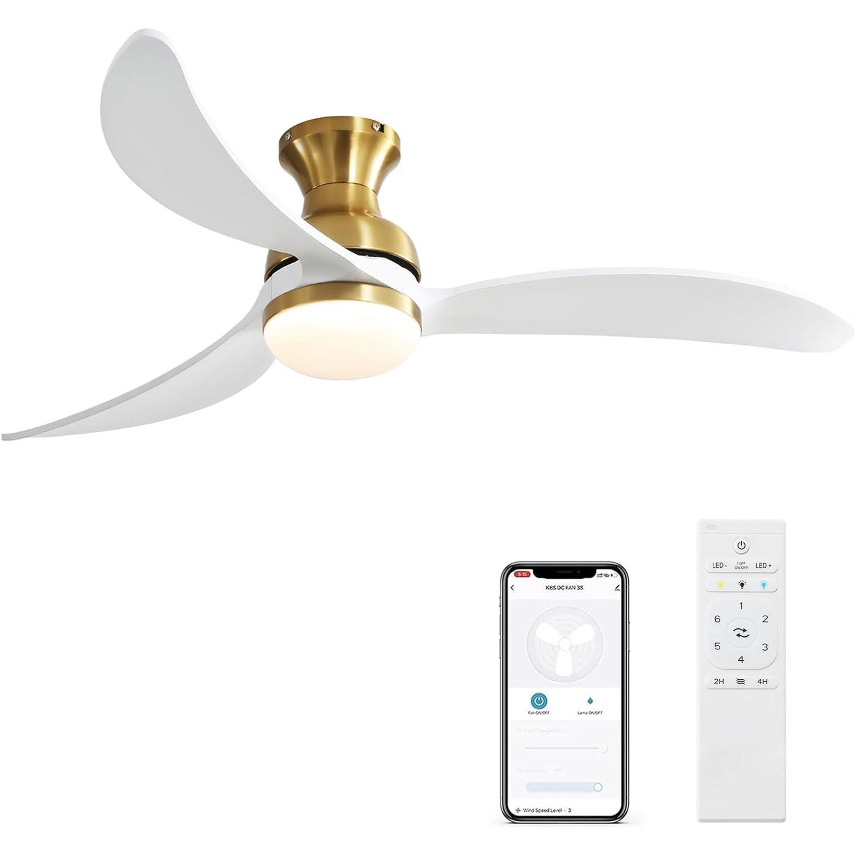Bayfeve BFKS-46904-CF Adjustable Smart Ceiling Fan 52-in Color-Changing Integrated LED Outdoor Flush Mount Golden with Solid Wood Blades Ceiling Fan With Light - Remote Included ( 3 -Blade )