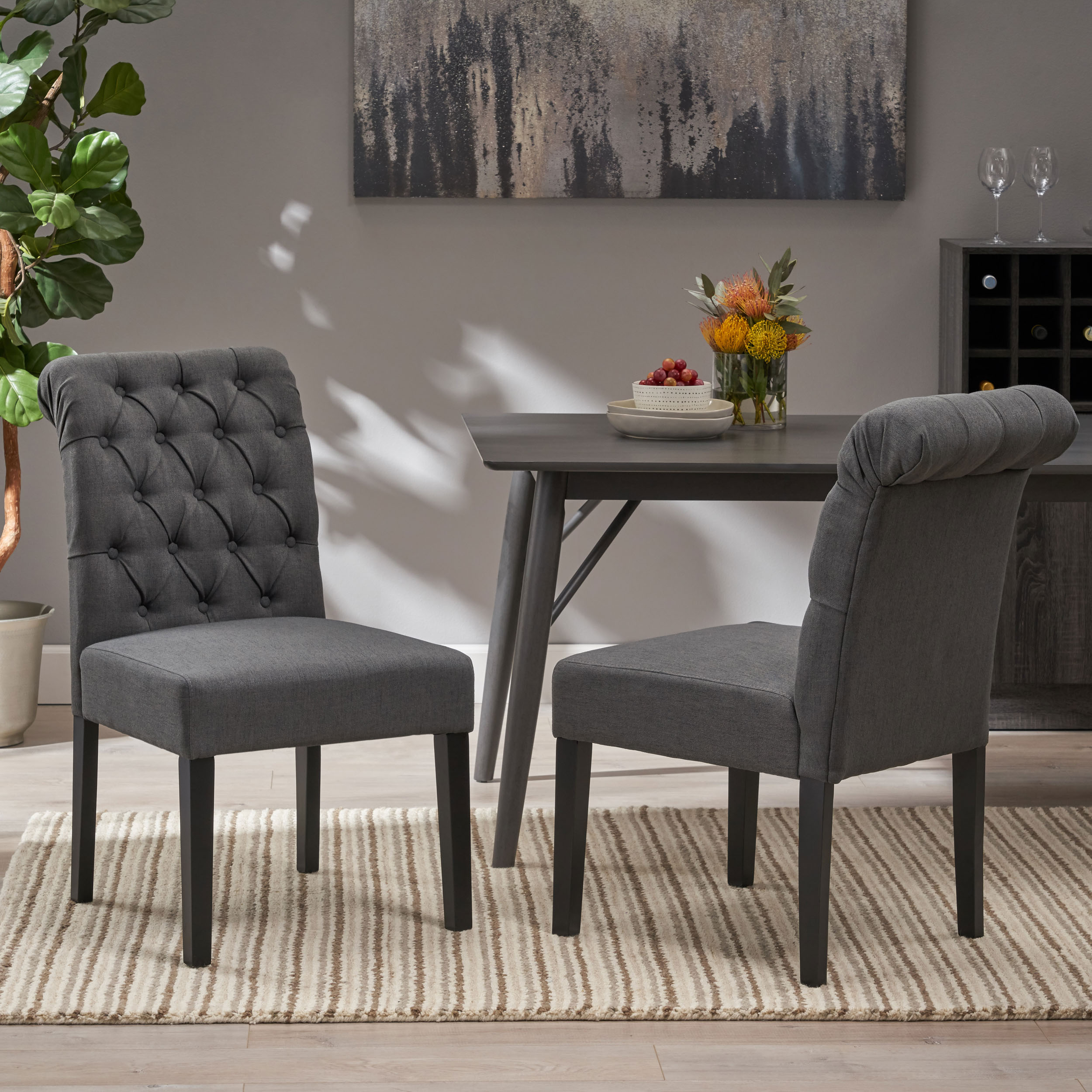 Christopher Knight Home - Broxton Tufted Rolltop Dining Chairs Set of 2 Dark Gray and Matte Black...