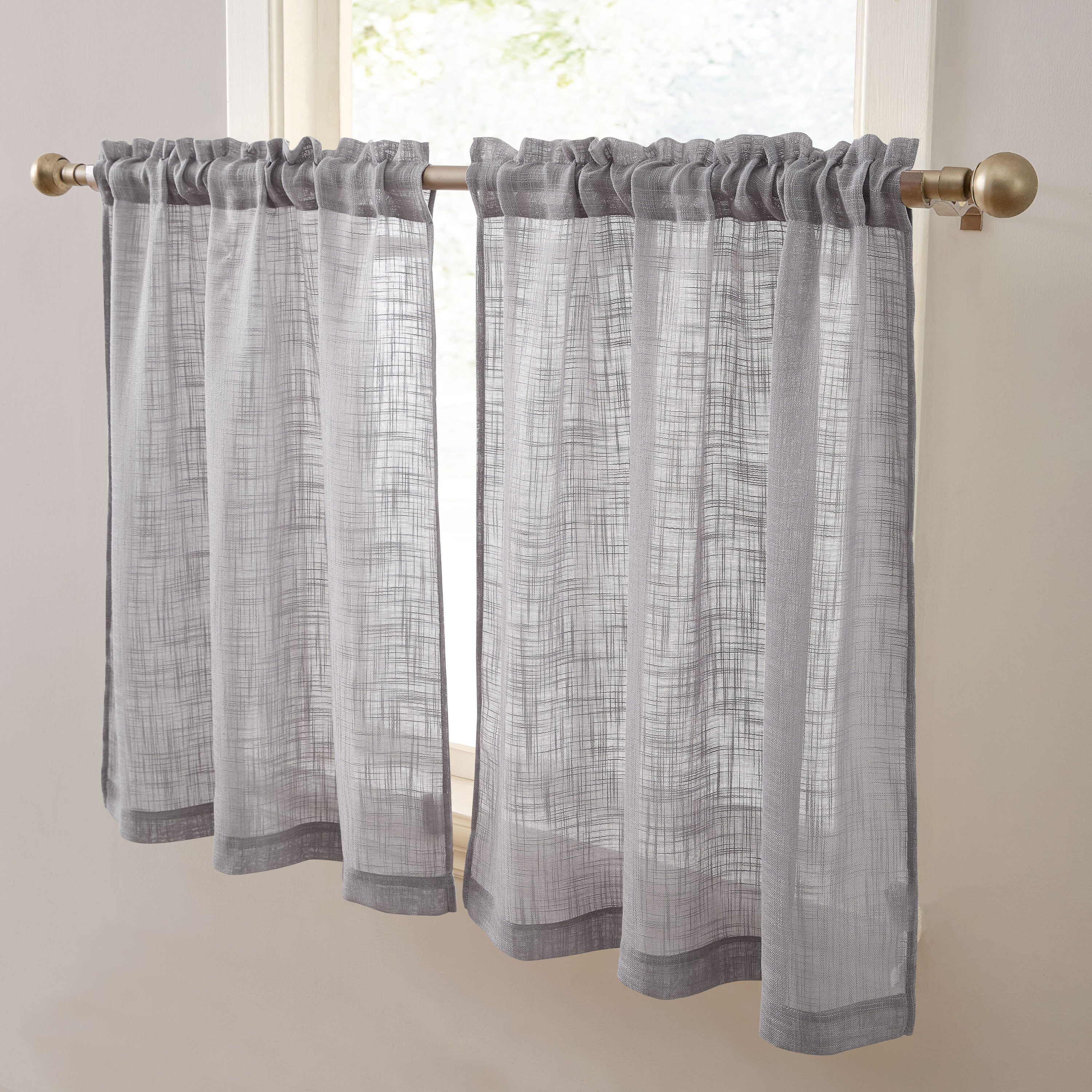 HLC.me ABY-RODP-TRS-GRY36 Linda Faux Linen Textured Semi Sheer Rod Pocket Cafe Curtain Tiers - Set Of 2