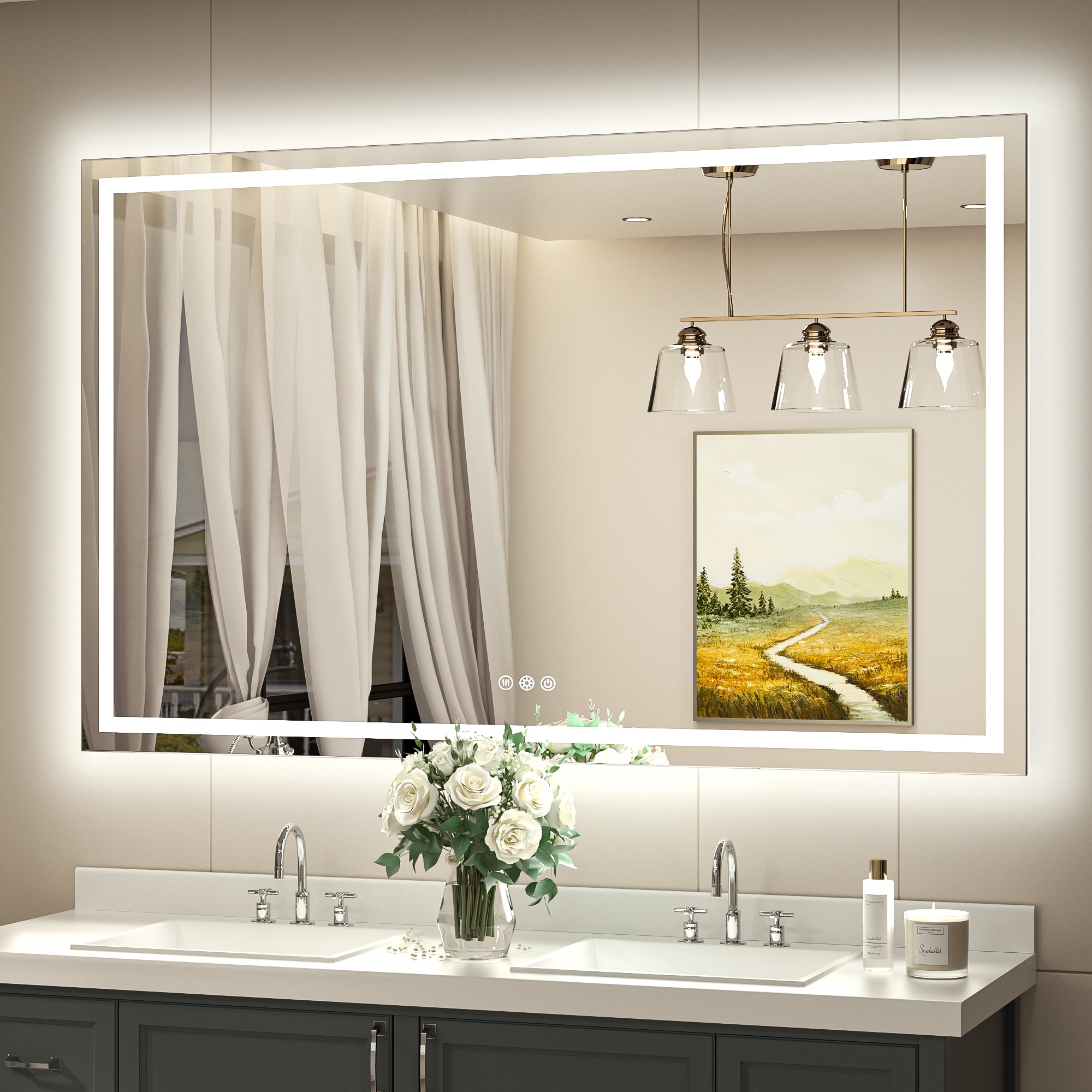 Keonjinn LW-JZ-ZBGSSW2-13991 Bathroom Mirrors 55-in x 36-in Polished Frameless Rectangle Dimmable LED Lighted Fog Free Bathroom Vanity Mirror ( Sliver )