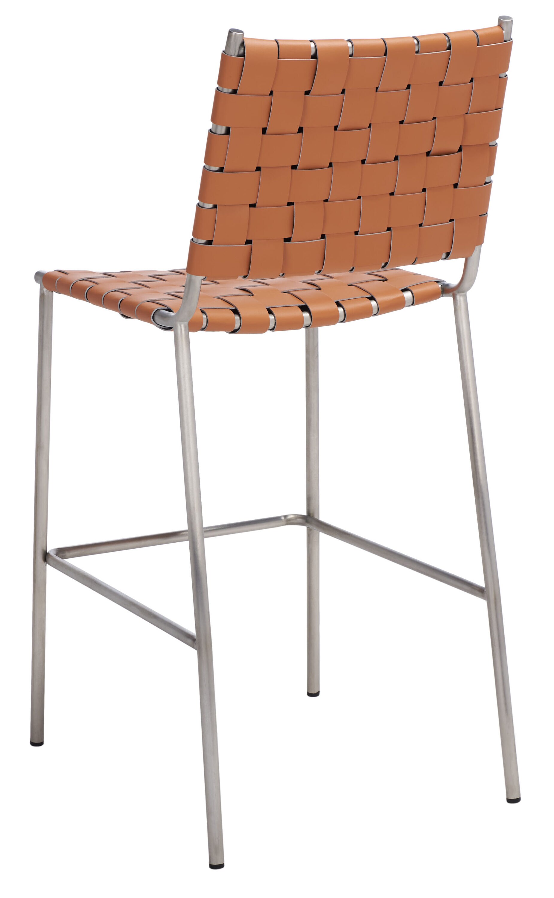 Cognac Leather and Silver Metal Saddle Counter Stool