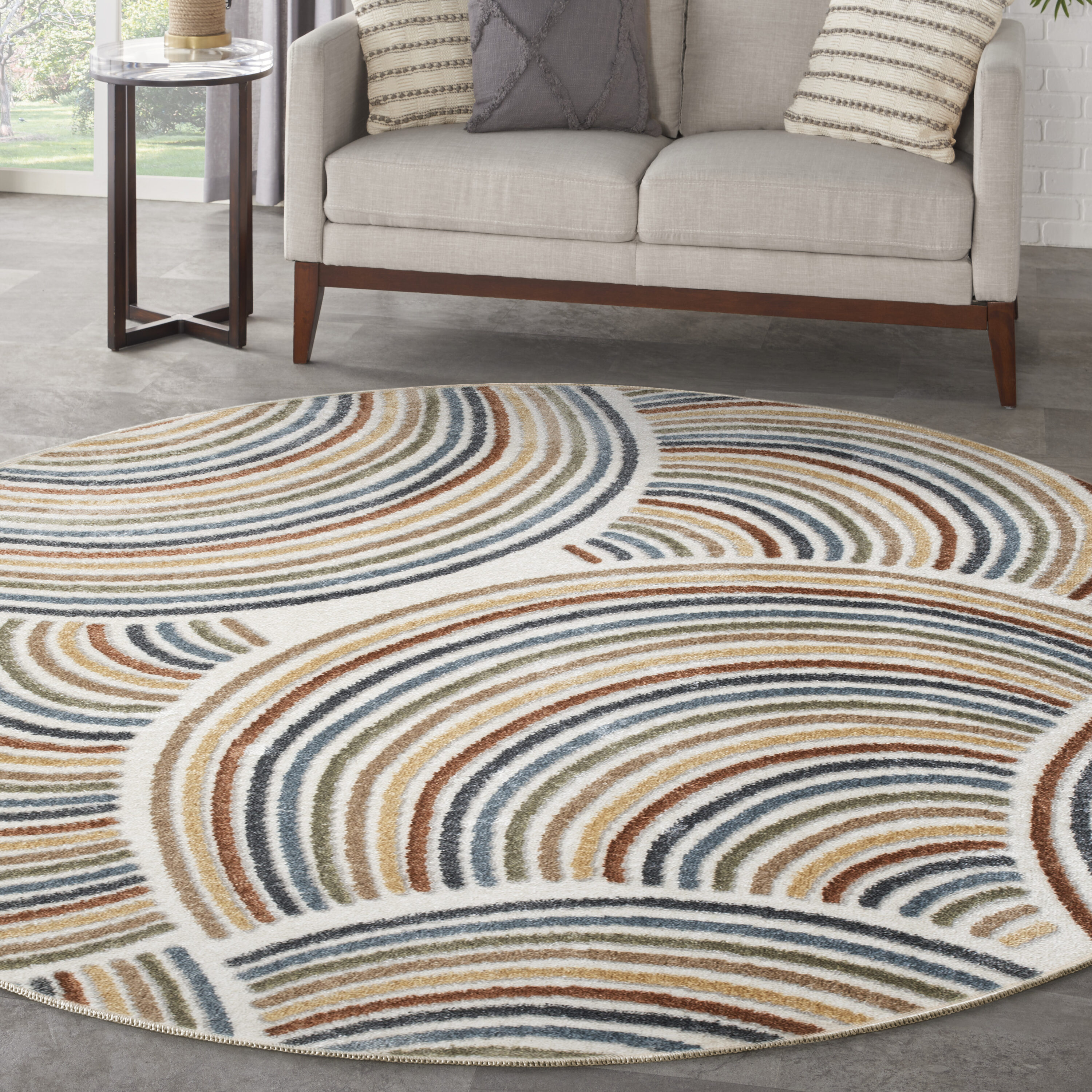 Nourison Home 099446979032 Astra Machine Washable 4 x 4 (ft) Loomed Polyester Ivory Multicolor Round Indoor Abstract Mid-Century Modern Machine washable Area rug