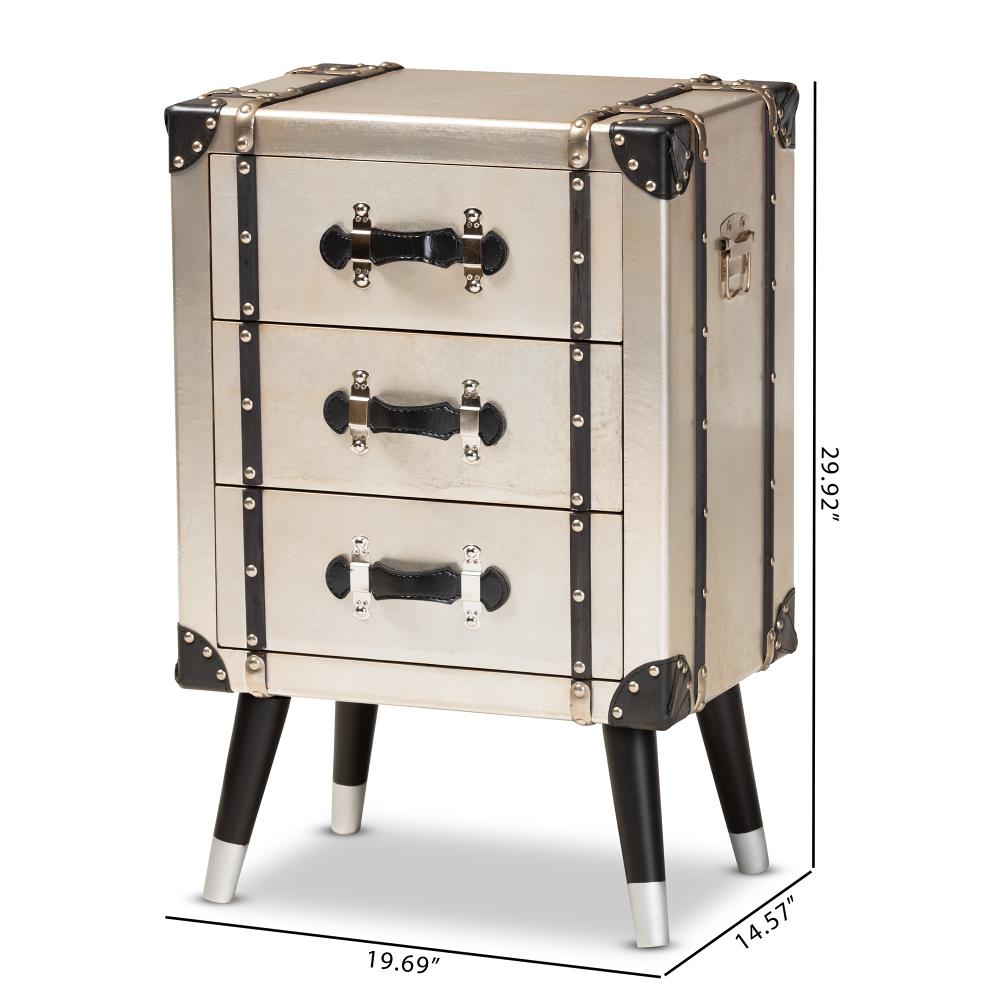 Vintage Industrial Antique Silver 3-Drawer Nightstand with Rivet Details