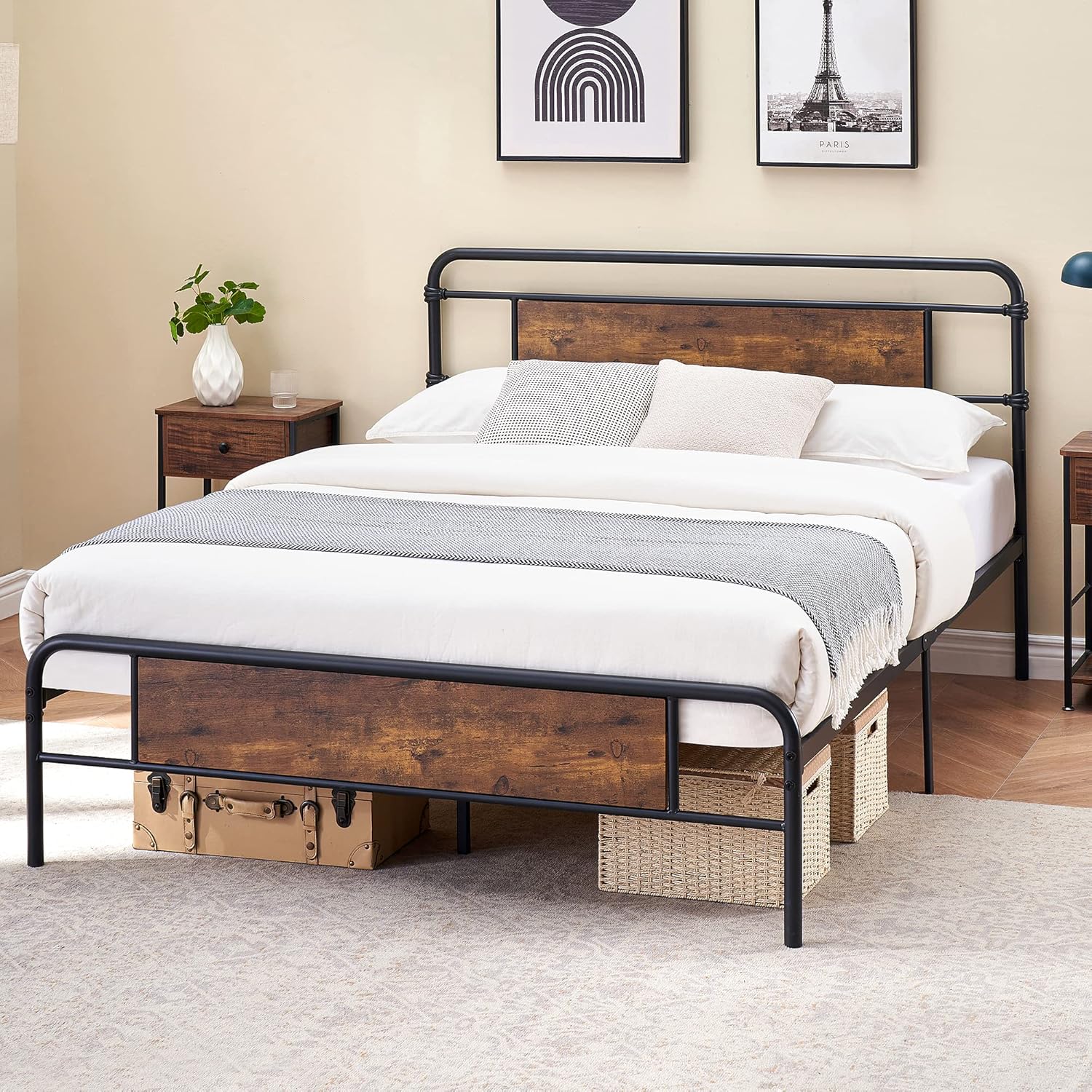 Qeetex LHF-BED-PHO-0XEBXI59 Full Size Platform Bed Frame with Rustic Vintage Wood Headboard Mattress Foundation Strong Metal Slats Support No Box Spring Needed Brown