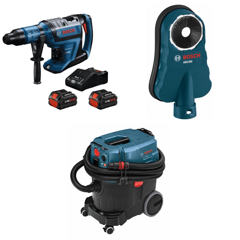 Bosch  PROFACTOR™ 18V Connected-Ready SDS-max® 1-7/8 In. Rotary Hammer Kit with (2) CORE18V® 8 Ah High Power Batteries, 9-Gallon Dust Extractor with Auto Filter Clean and HEPA Filter and Universal Dust Collection Attachment