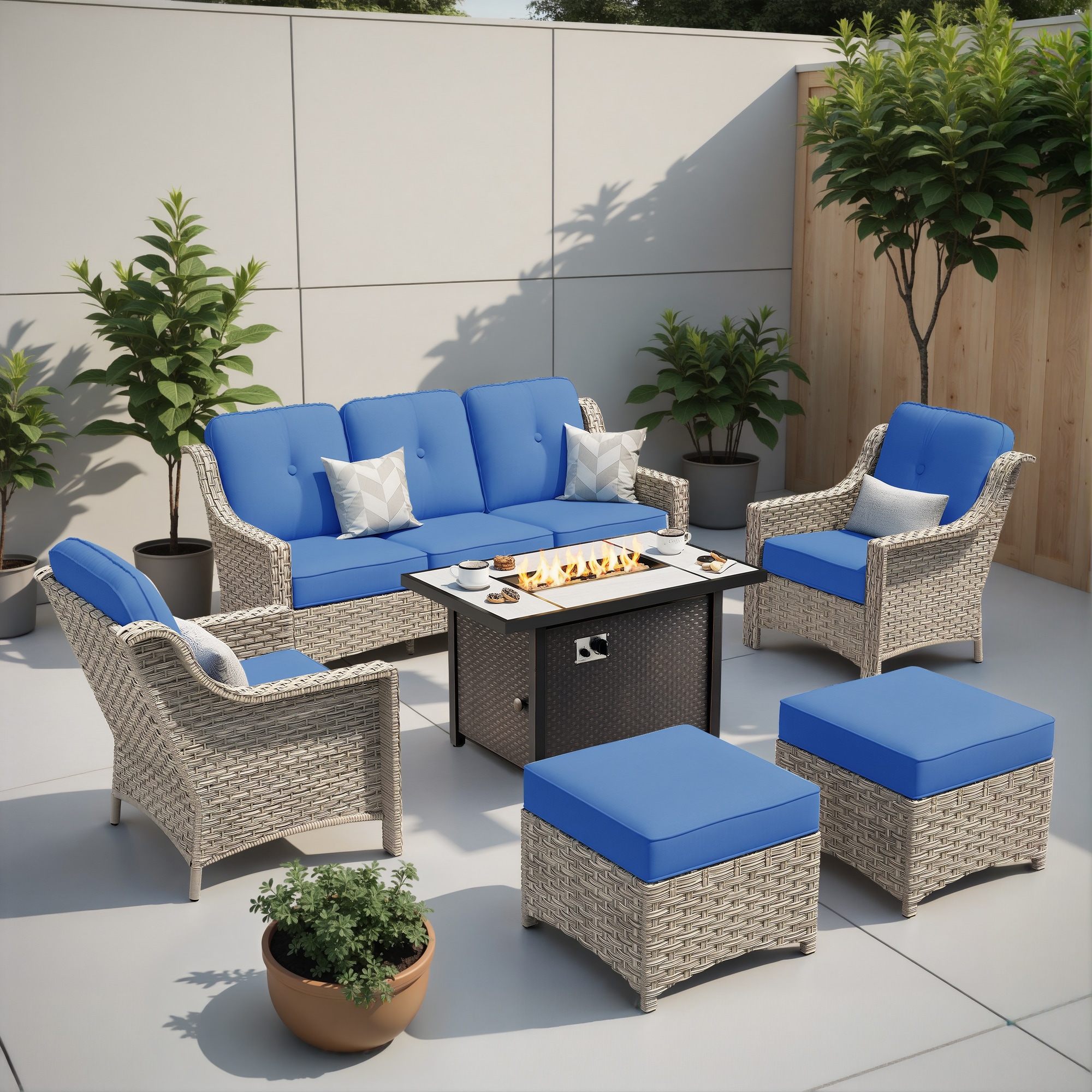 weaxty HMBCFP03-BPAD506 Aireno 6 -Piece Wicker Patio Sofa Conversation Set with Blue Cushions