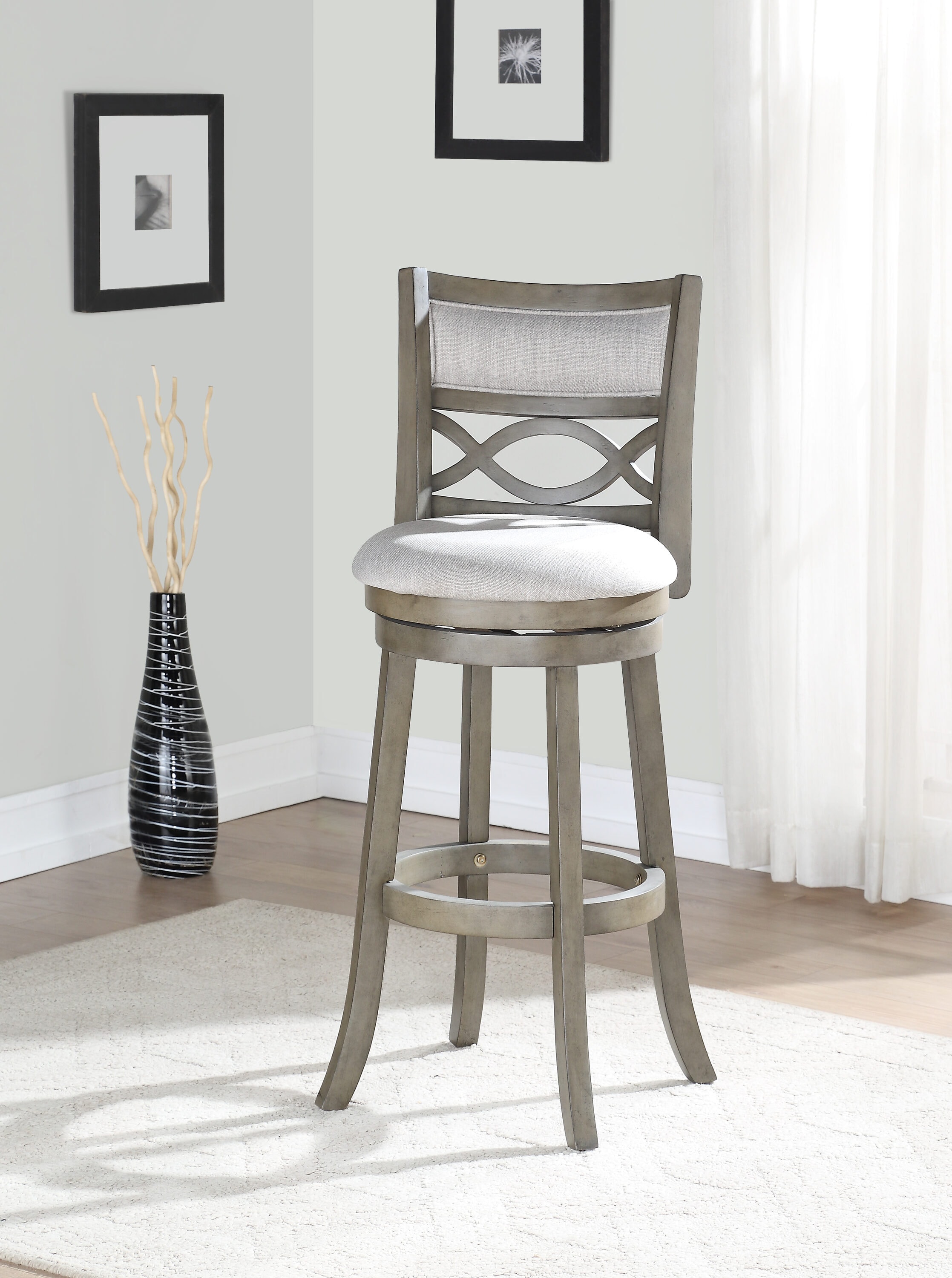 Transitional Gray Swivel Bar Stool in Solid Wood with Carved Back