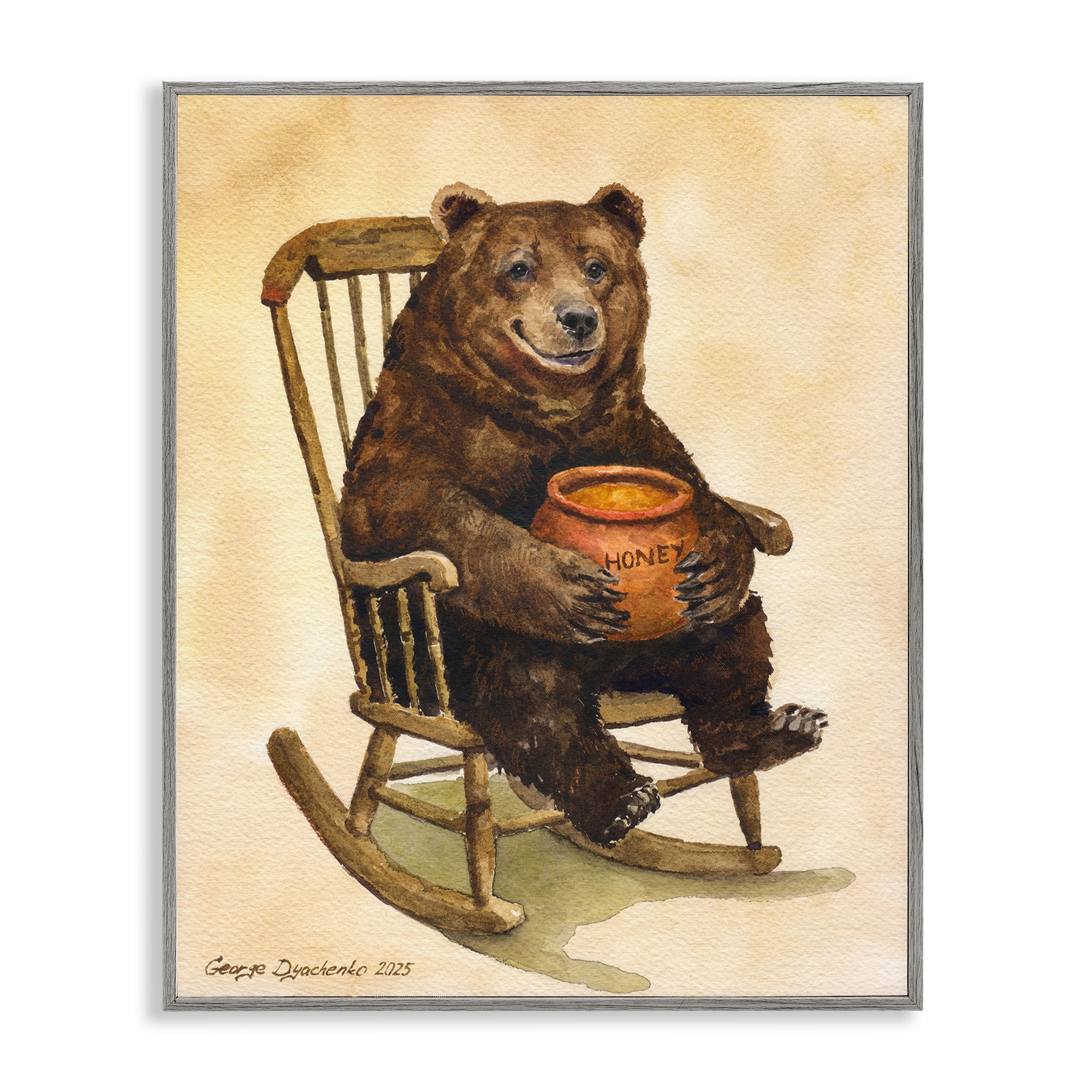 Stupell Industries - Happy Bear Pot of Honey Gray Framed Giclee Art 11 x 14