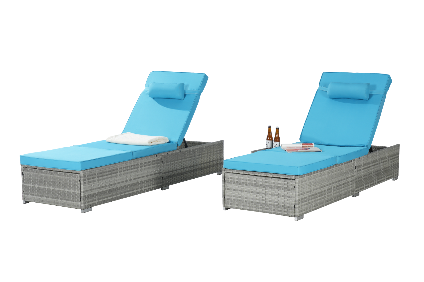 Maocao Hoom BH13292 Set of 2 Outdoor Rattan Lounge Chairs Set of 2 Rattan Black Metal Frame Stationary Chaise Lounge Chair with Blue Cushioned Seat