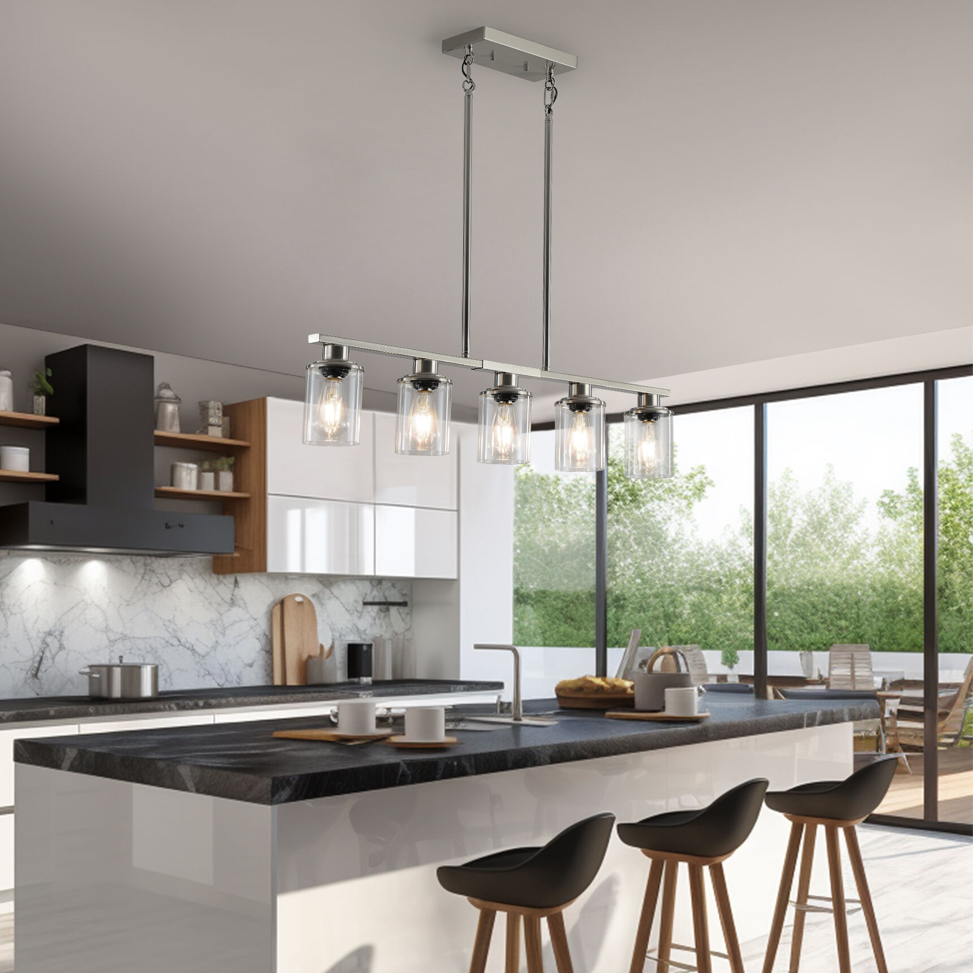 Dimakai Brushed Nickel Chandelier 37 Inch 5 Light with Clear Glass Shades for Kitchen Island