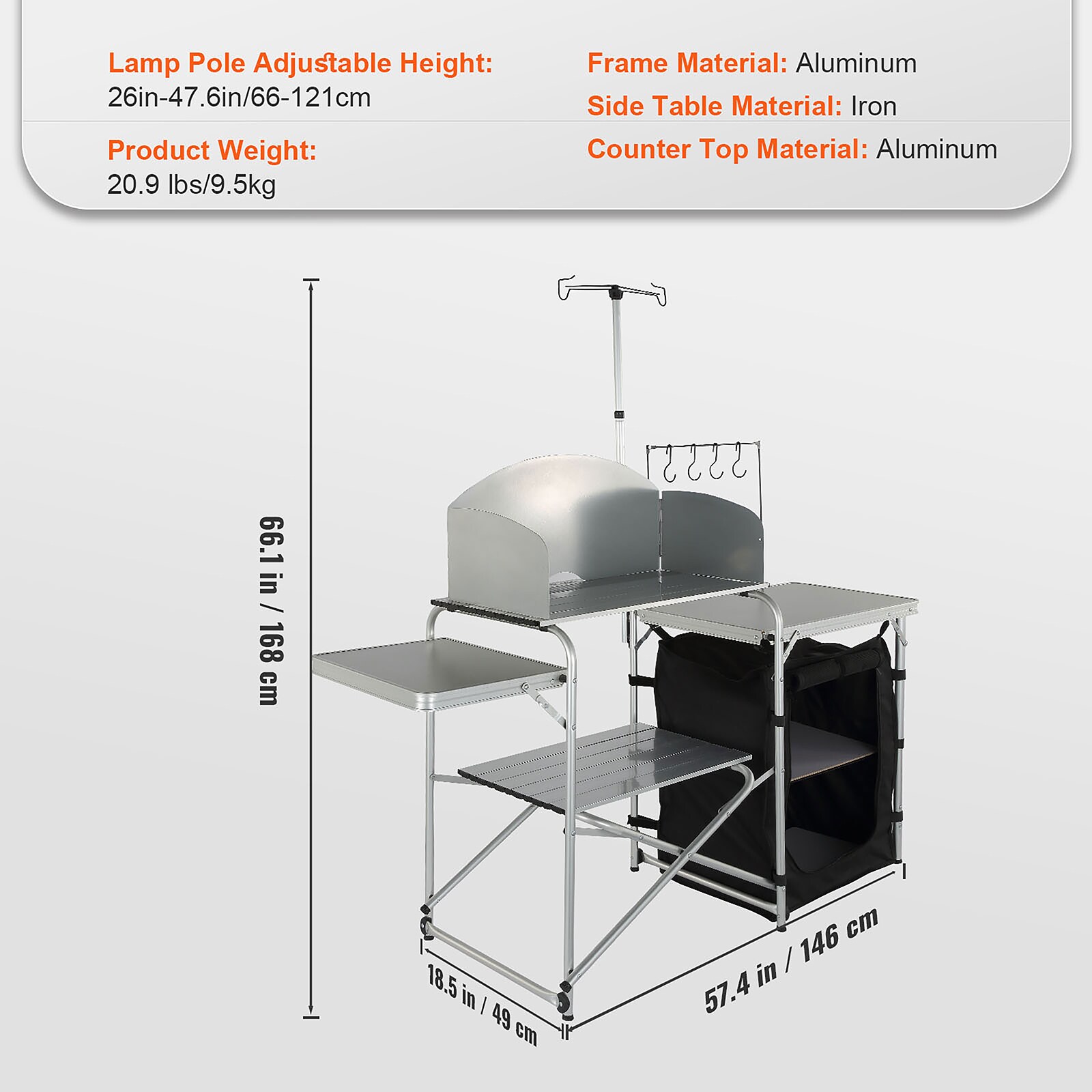 Black Aluminum Folding Camping Kitchen Table with Storage and Windscreen