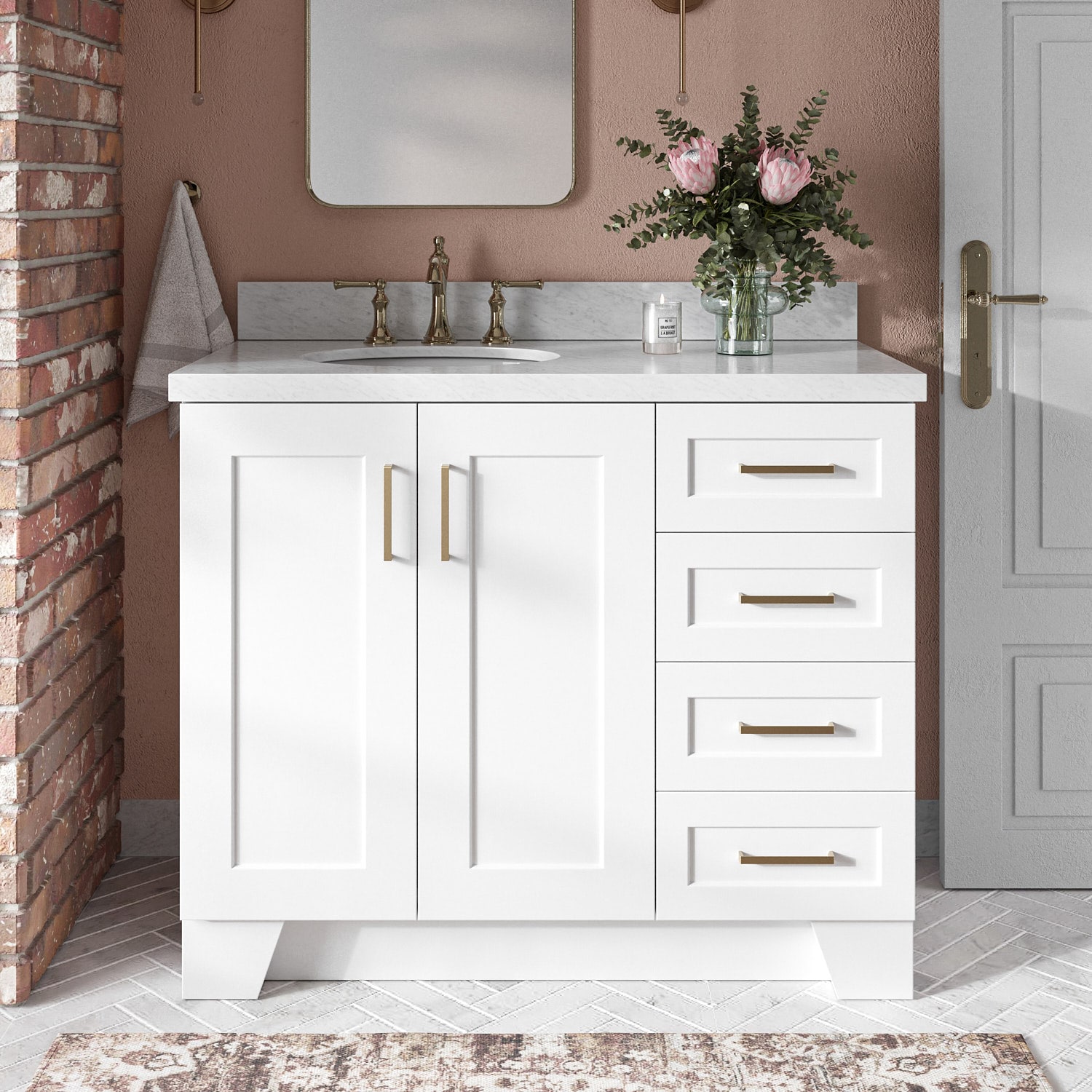 ARIEL Q043SLCWOVOWHT Taylor 43-in White Undermount Single sink Bathroom Vanity with Carrara White Marble Marble Top
