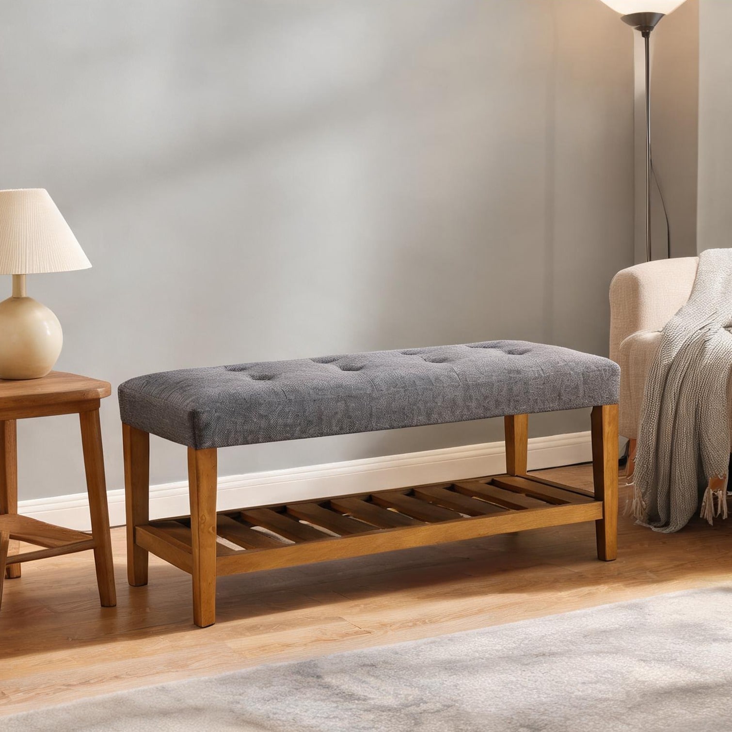 Watnature - Entryway Bench with Storage Shelf Two-Seater Cool Gray Fabric Seat Oak Wood Frame 40....
