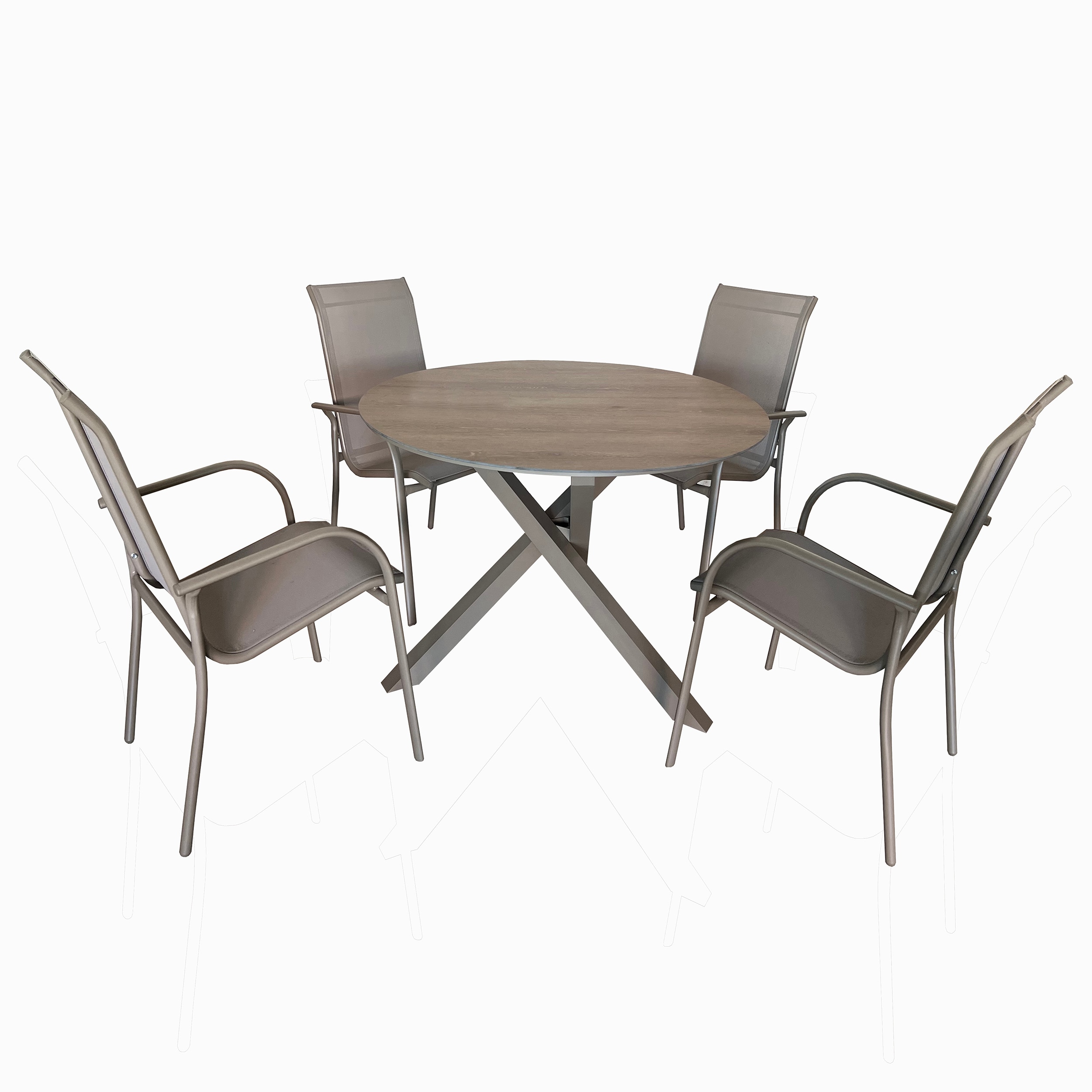 Deko Living COP30804 5 -Piece Brown Patio Dining Set Aluminum Round Table with 4 Tan Stackable Stationary Chairs