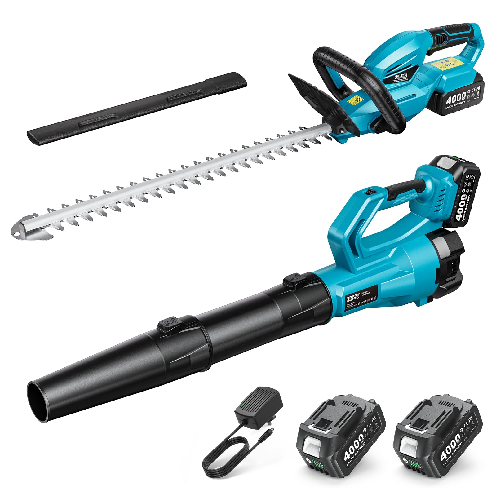 SeeSii Cordless Hedge Trimmer and Leaf Blower Combo 2 Pcs 4.0Ah Batteries Electric Handheld Bush Trimmer with 20 Inch Dual Action Blade Lightweight Brushless Blower with 2 Speed Modes for Yard Garden #CYCHT01B-510,ML209