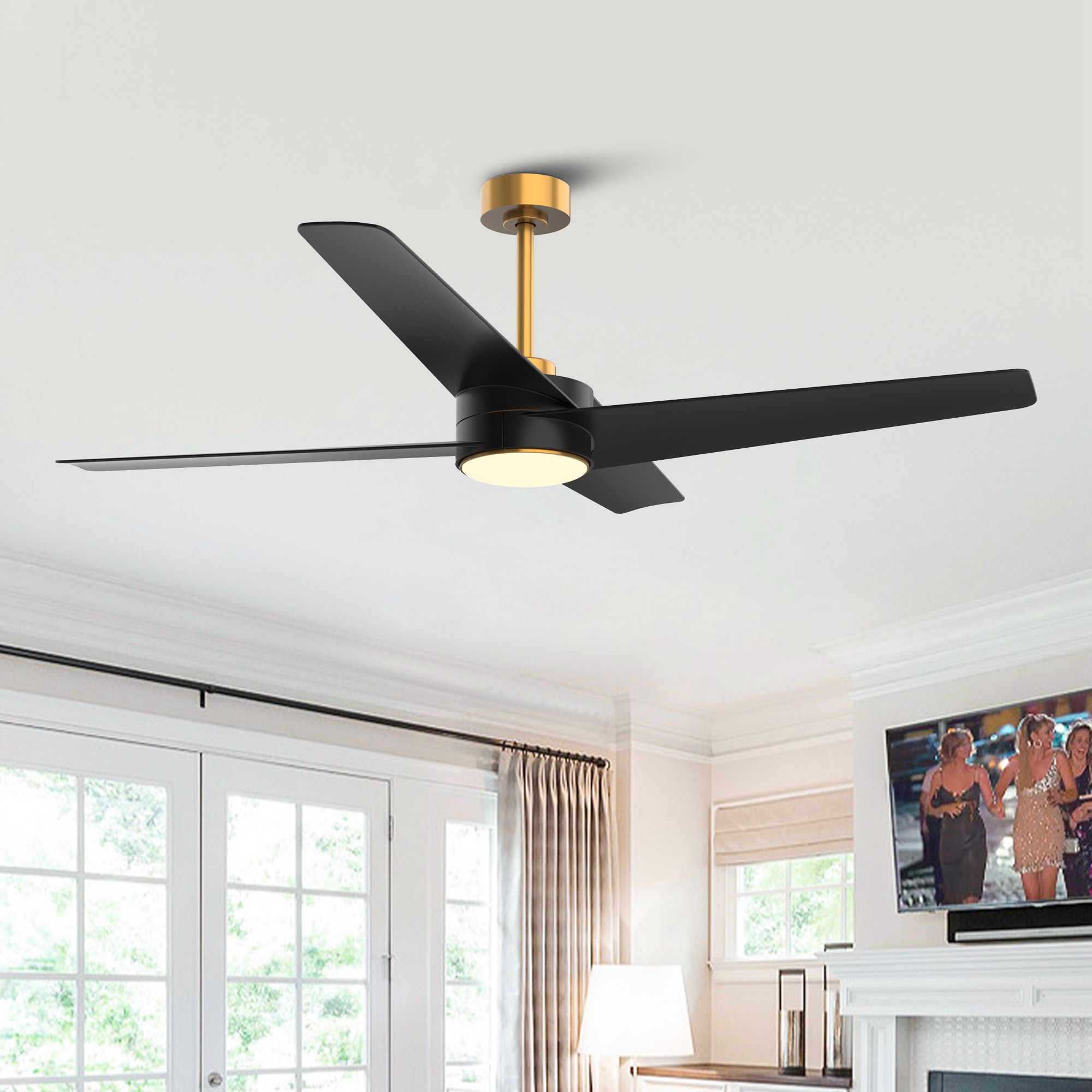 Parrot Uncle F8313110V 60-in Gold with Matte Black Blades Ceiling Fan With Light - Remote Included ( 4 -Blade )