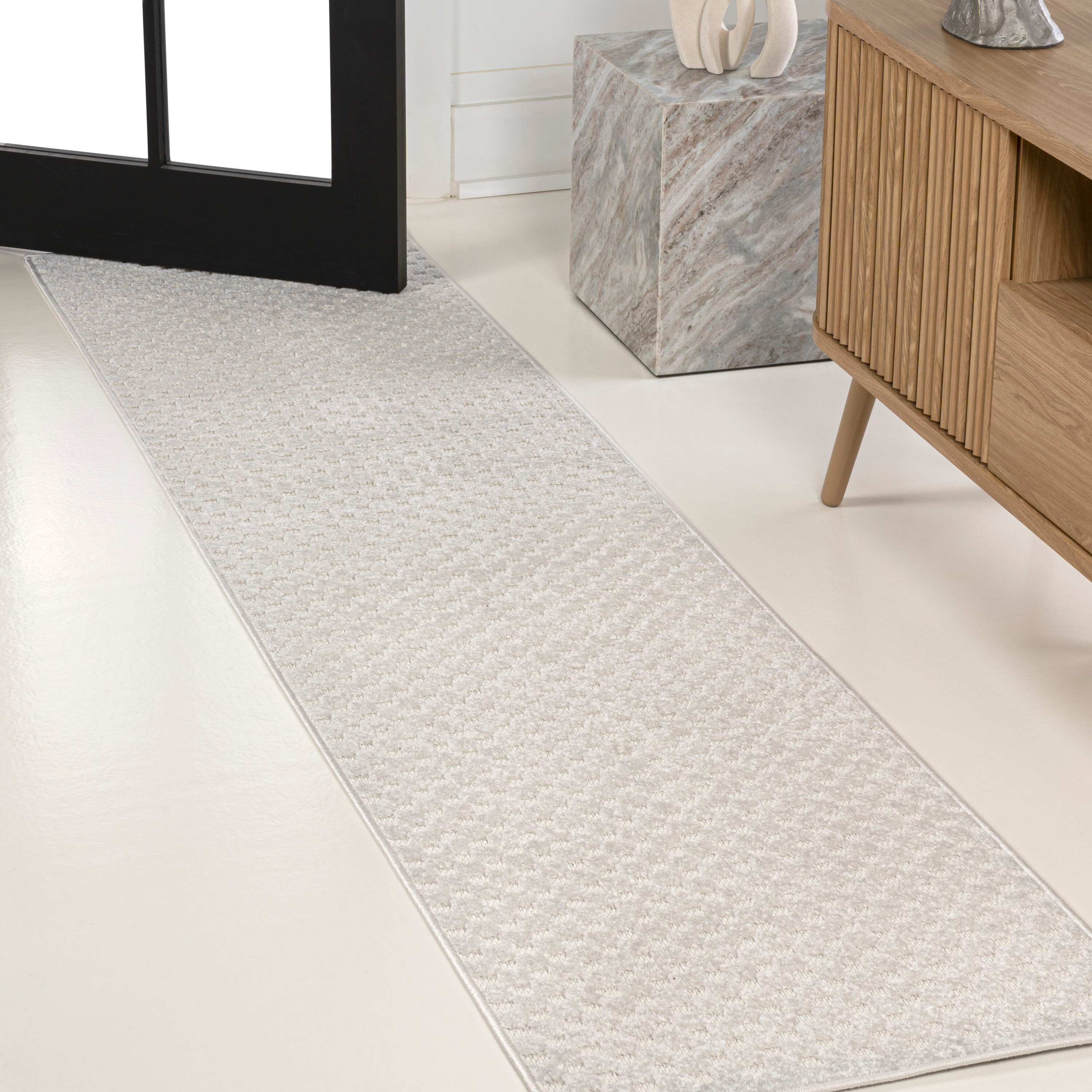 JONATHAN  Y SCN108A-28 SCANDINAVIAN Finn High-Low Checkered 2 x 8 (ft) Loomed Polypropylene Ivory/Cream Rectangular Indoor/Outdoor Stripe Bohemian/Eclectic Runner rug