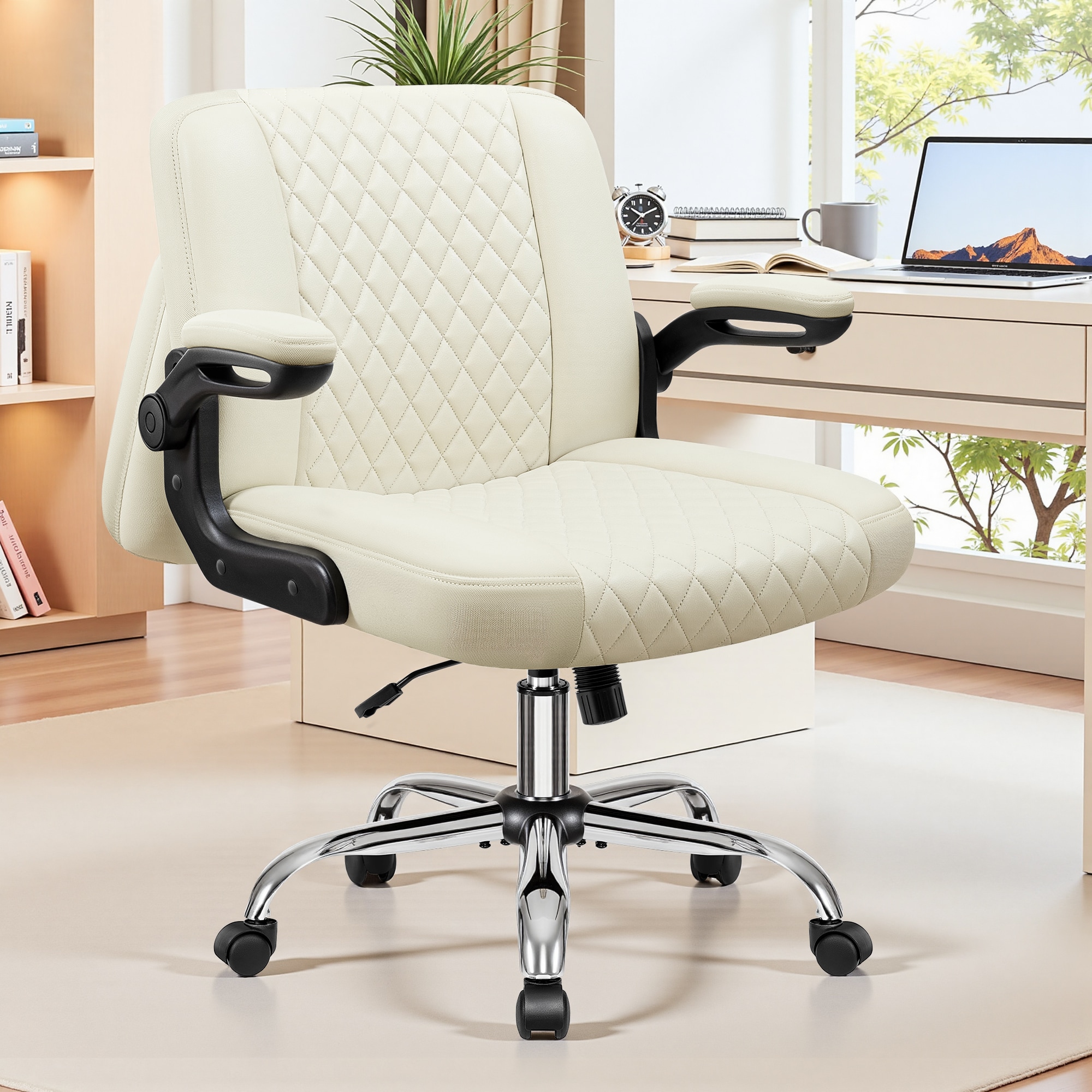 Dowan  Criss Cross Office Chair with 2-in-1 Flip Backrest  Ergonomic PU Leather Floor Sitting Chair Adjustable Height 360 Swivel Flip-Up Arms White