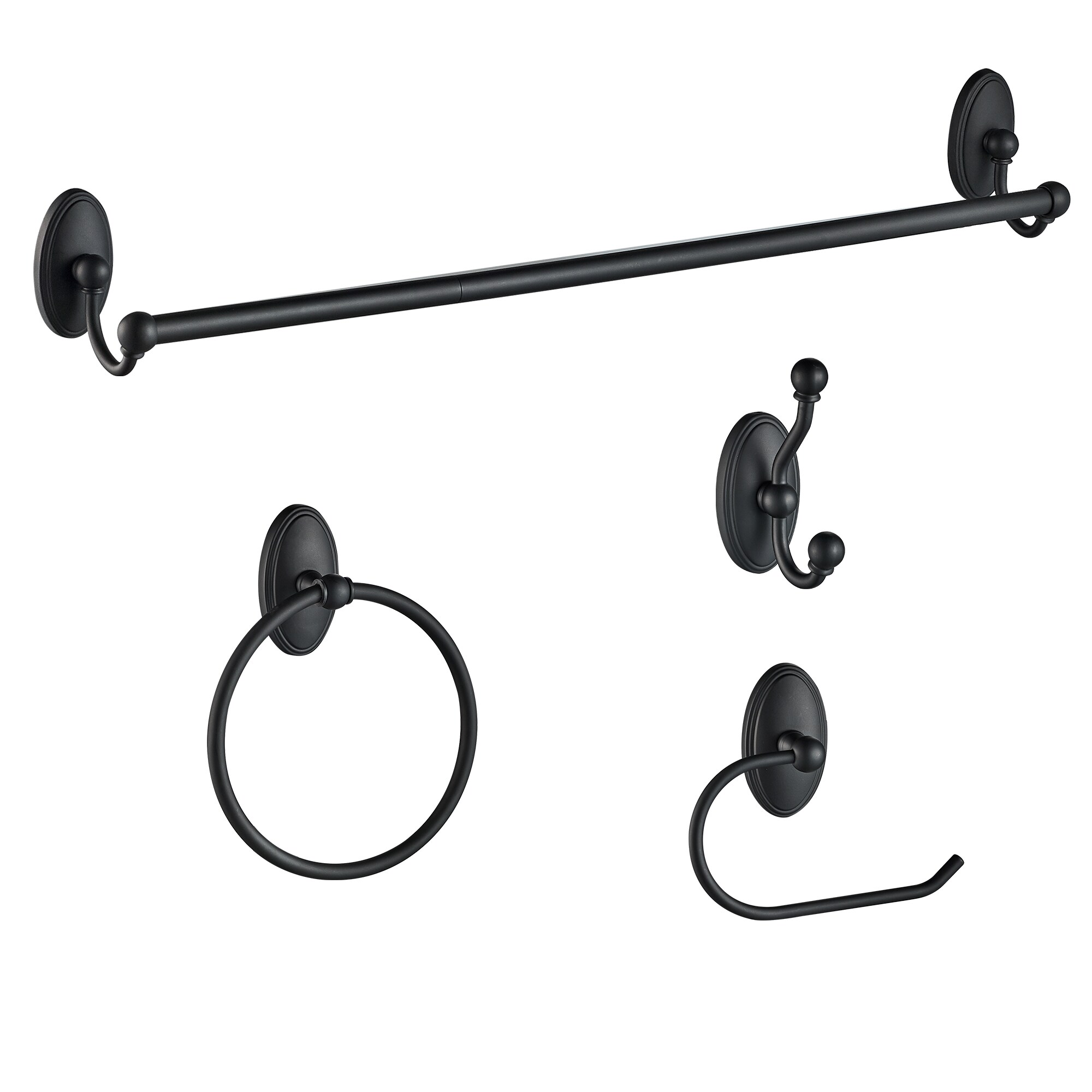FORIOUS LL19106B4A 4 -Piece Matte Black Decorative Bathroom Hardware Set Towel Bar, Toilet Paper Holder, Towel Ring ,Robe Hook Included