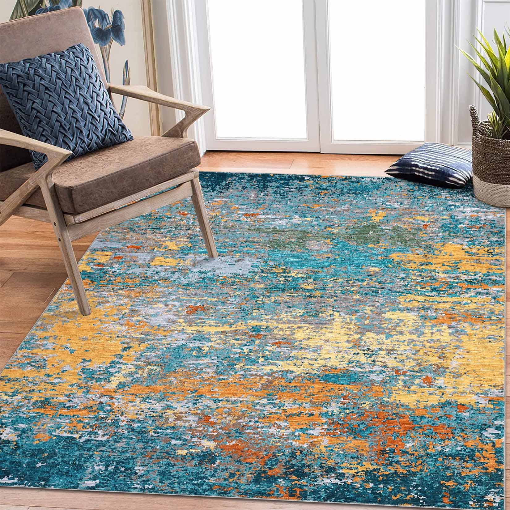 Garvee YXY-LO-PHO-16I9R3OX 5 x 7 (ft) Loomed Polyester Yellow/Blue Rectangular Indoor Abstract Mid-Century Modern Machine washable Area rug