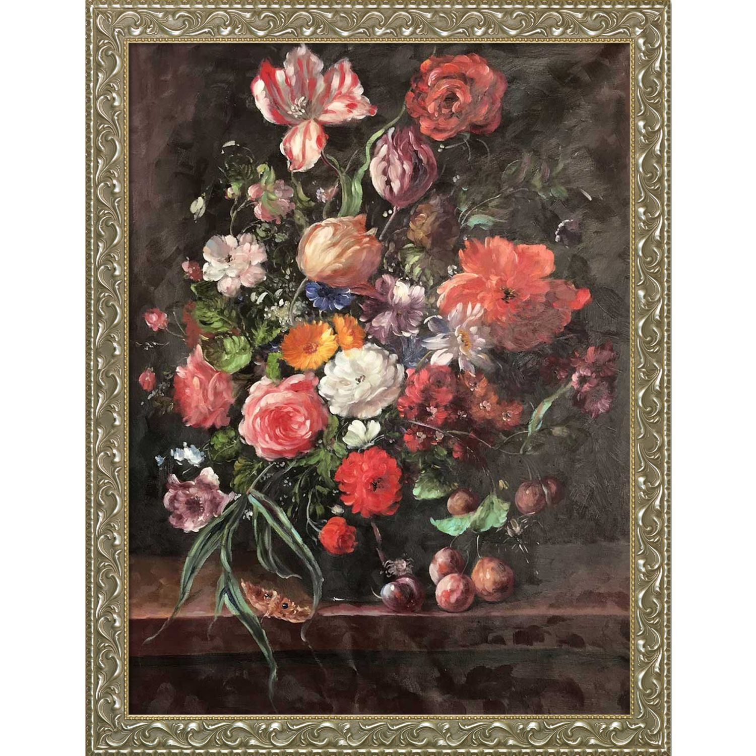 La Pastiche 688576321431 Still-life with Bouquet Of Flowers and Plums Rachel Ruysch Framed 35.5-in H x 45.5-in W Floral Canvas Hand-painted Painting