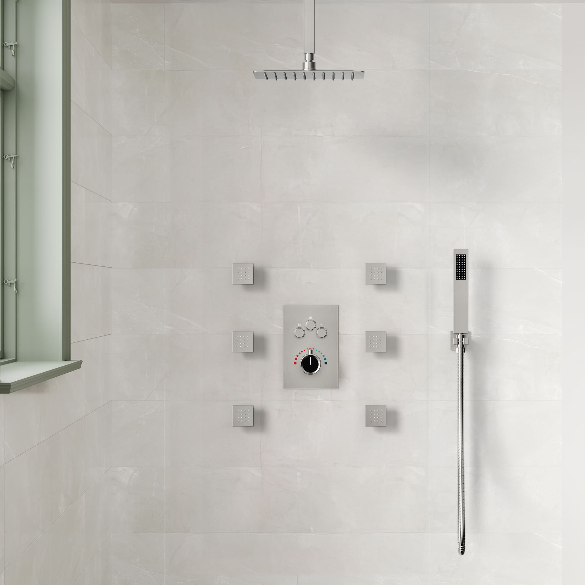EVERSTEIN SFS1006-NK12 6 in. and 7-Spray 12 in. Thermostatic Wall Bar Shower Systems with Handheld 2.5 GPM in Brushed Nickel(Valve Included)