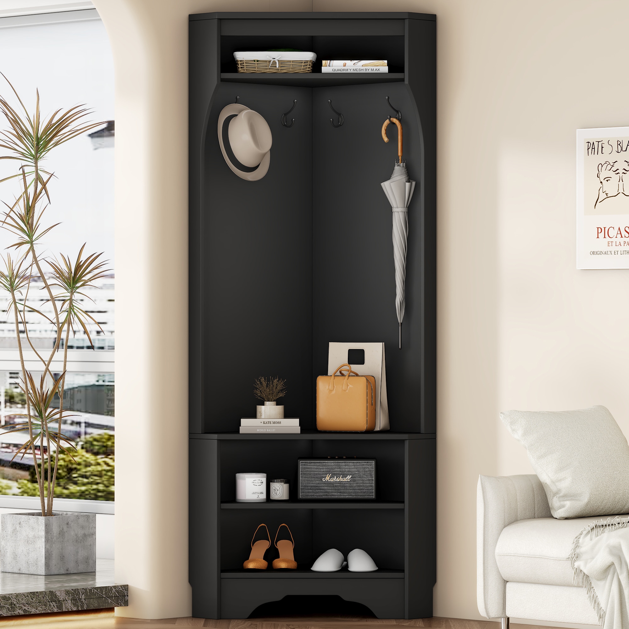 ModernLuxe N721P189665B Minimalist Corner Hall Tree with Shoe BenchVersatile Entryway Coat Rack with 4 HooksCorner Cabinet with Adjustable Shelf for HallwayLiving RoomBlack