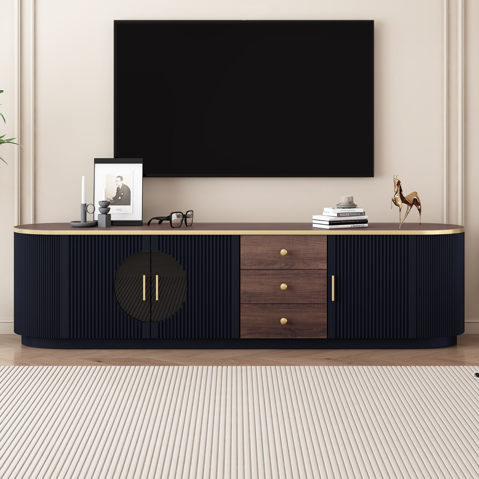 ModernLuxe L3P-SJ000131AAB 70.8inch Modern Minimalist TV Stand for TVs up to 80 Inches Entertainment Center with 3 Drawers and 1 Shelf Metal Handles and 2 Cabinets for Living room