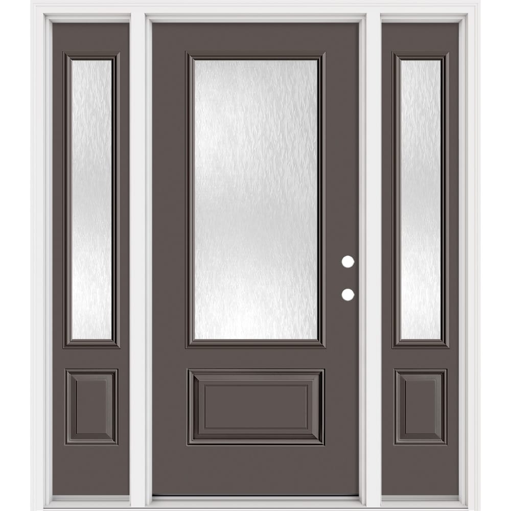 Masonite 321422 Steel Doors Series 64-in x 80-in x 4-9/16-in Steel 3/4 lite Left-hand inswing Timber Gray Painted Prehung Front Door with Sidelights with Brickmould Insulating core