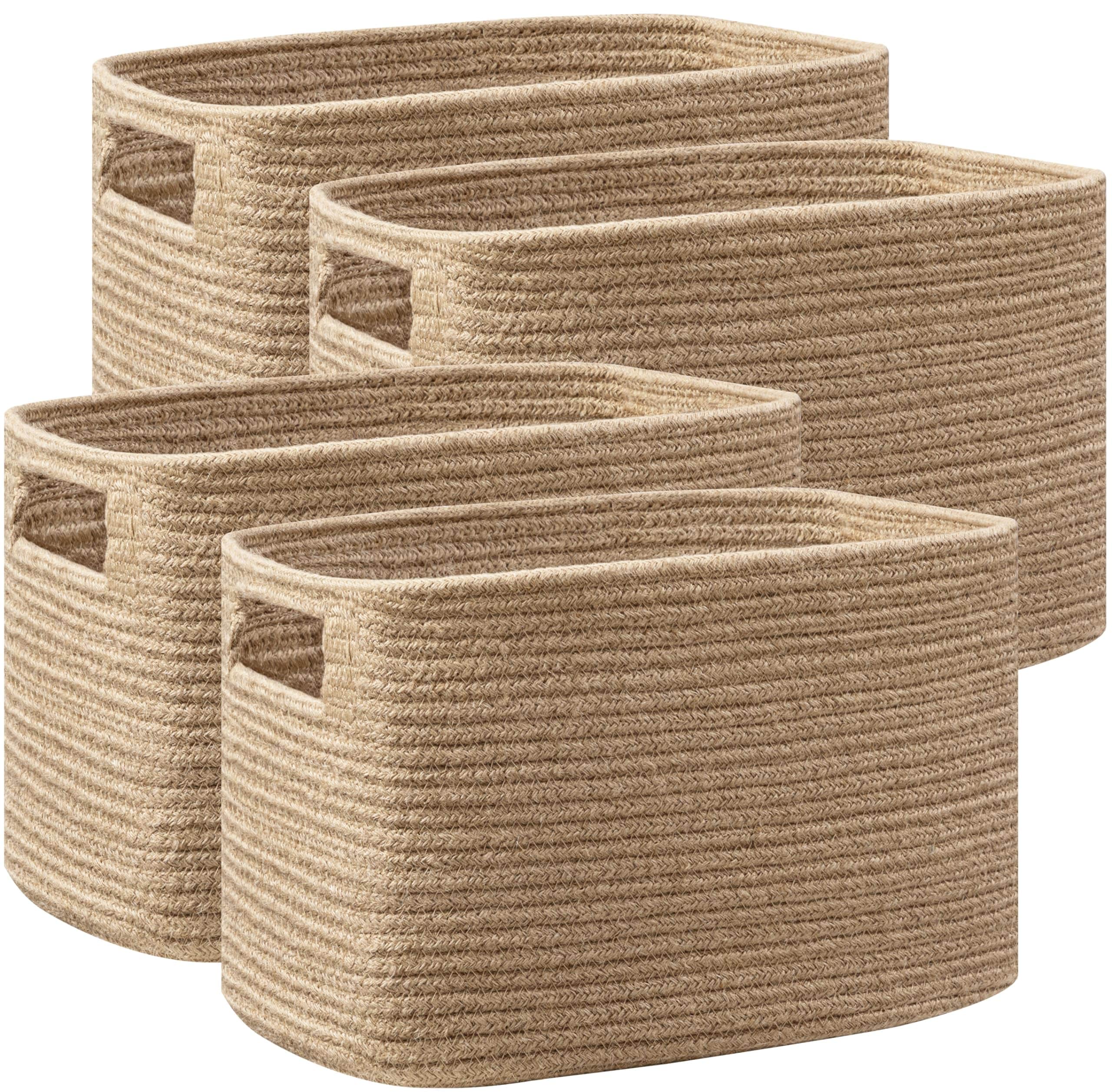 PIGFDK Jute Woven Cotton Storage Baskets With Handles Foldable Machine Washable Durable Organizer Bins 4 Pack