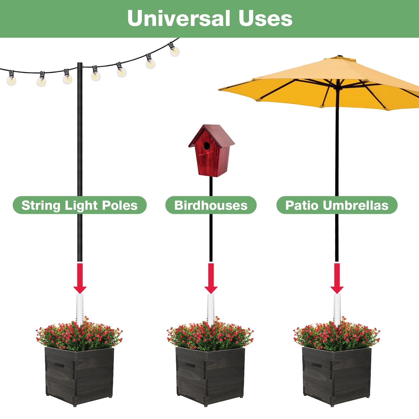 Large Dark Brown Wooden Planter Box with Pole Holder