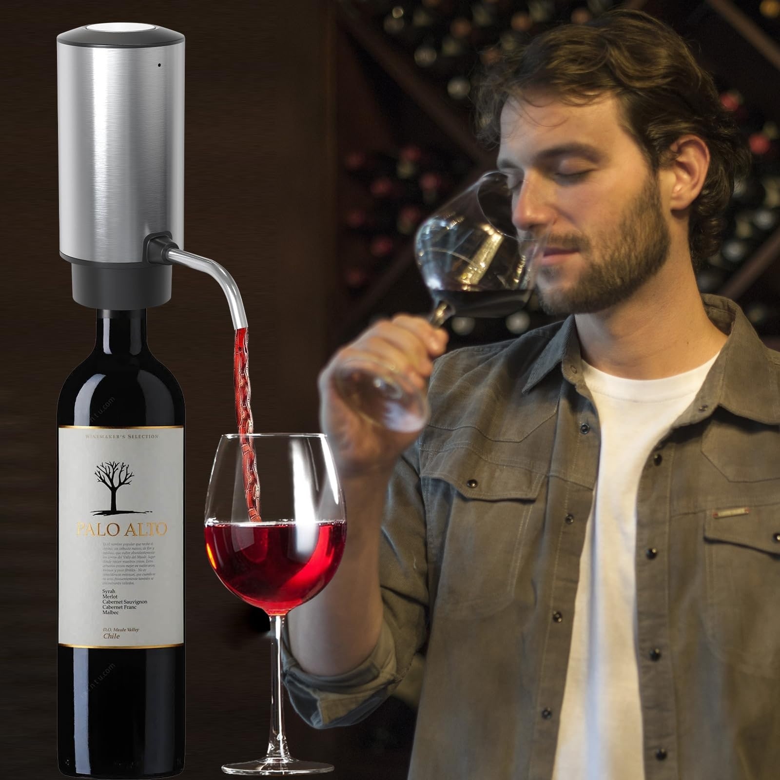 Aoibox  Silver Electric Wine Aerator Dispenser and Pourer with Built In Aeration Automatic Serving