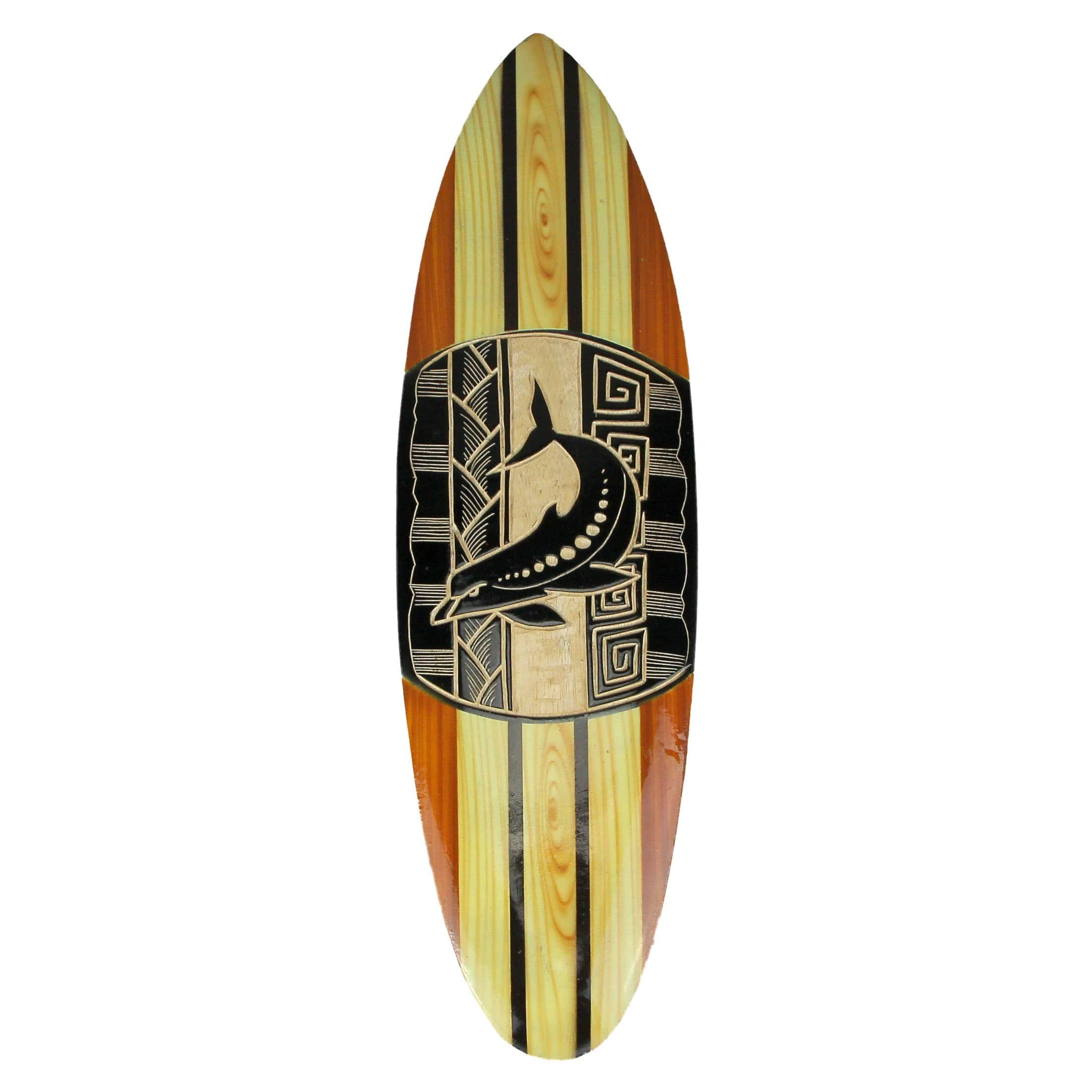 Things2Die4 JDY-10854-DKBN Hand-Crafted Wooden Surfboard Wall Hanging with Tribal Dolphin Design- 20 Inches- Brown Finish - Perfect Beach Decor Accent for Living Rooms- Bedrooms- and Tiki Bars