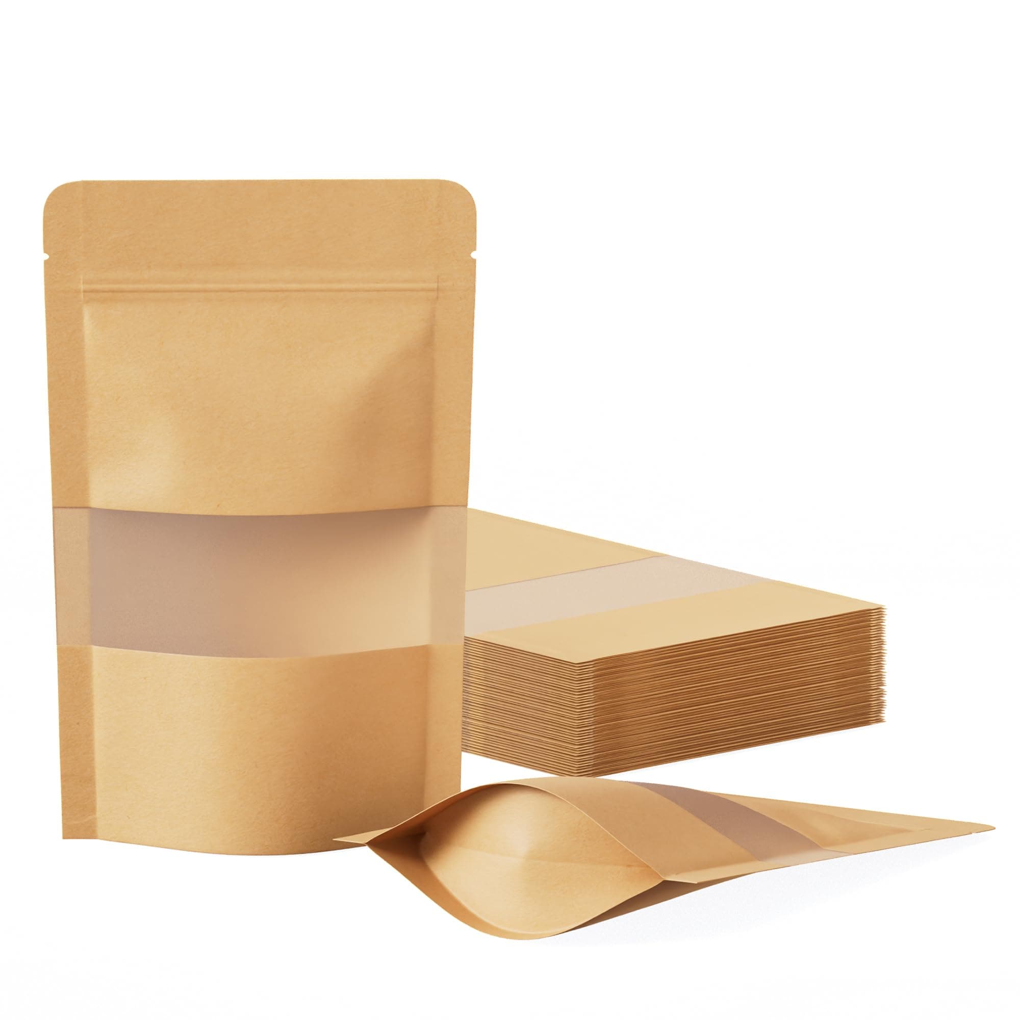 KIWDZFU  100 pcs Paper Resealable Zipper Bags 3 Point 5 x 5 Point 5 Inch Stand Up Food Storage Pouches with Matte Window Reusable Sealable