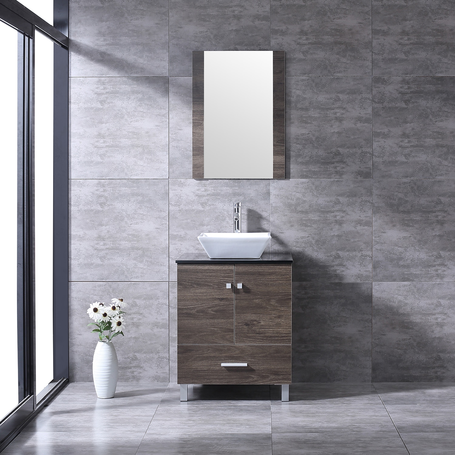 WONLINE USBR4265+USBR4360 24-in Brown Single sink Bathroom Vanity with Walcut Glass Top (Mirror Included) (Faucet Included)