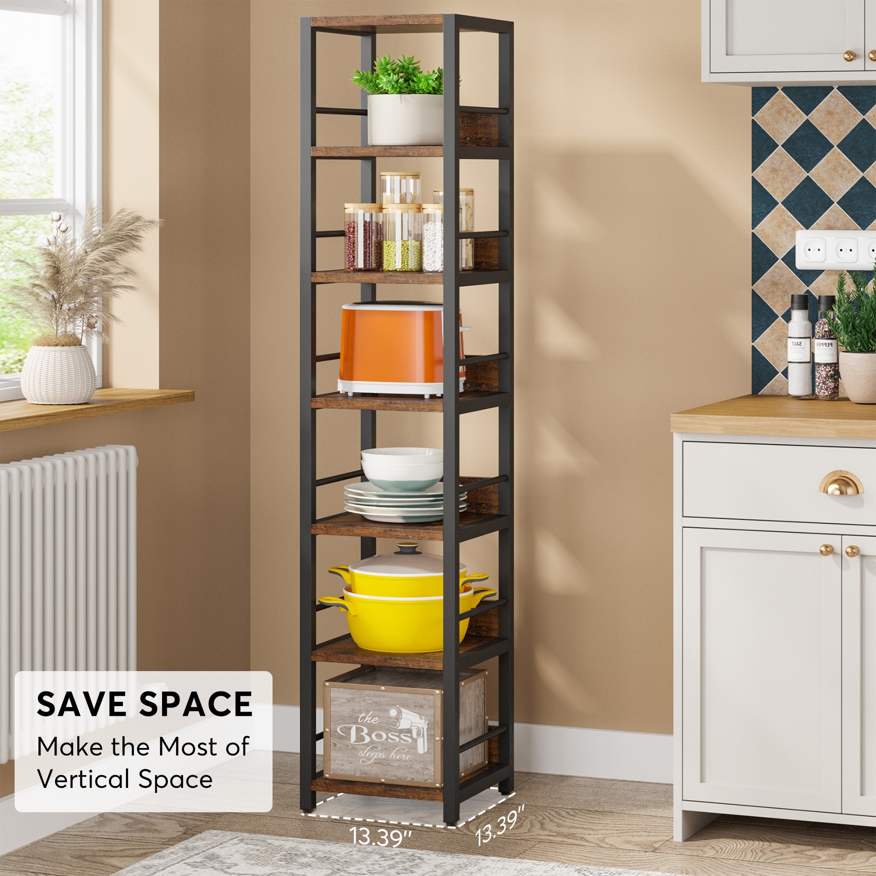 6-Tier Corner Shelf, 71 inch Tall Corner Bookshelf for Small SpaceRustic  Brown in 2023