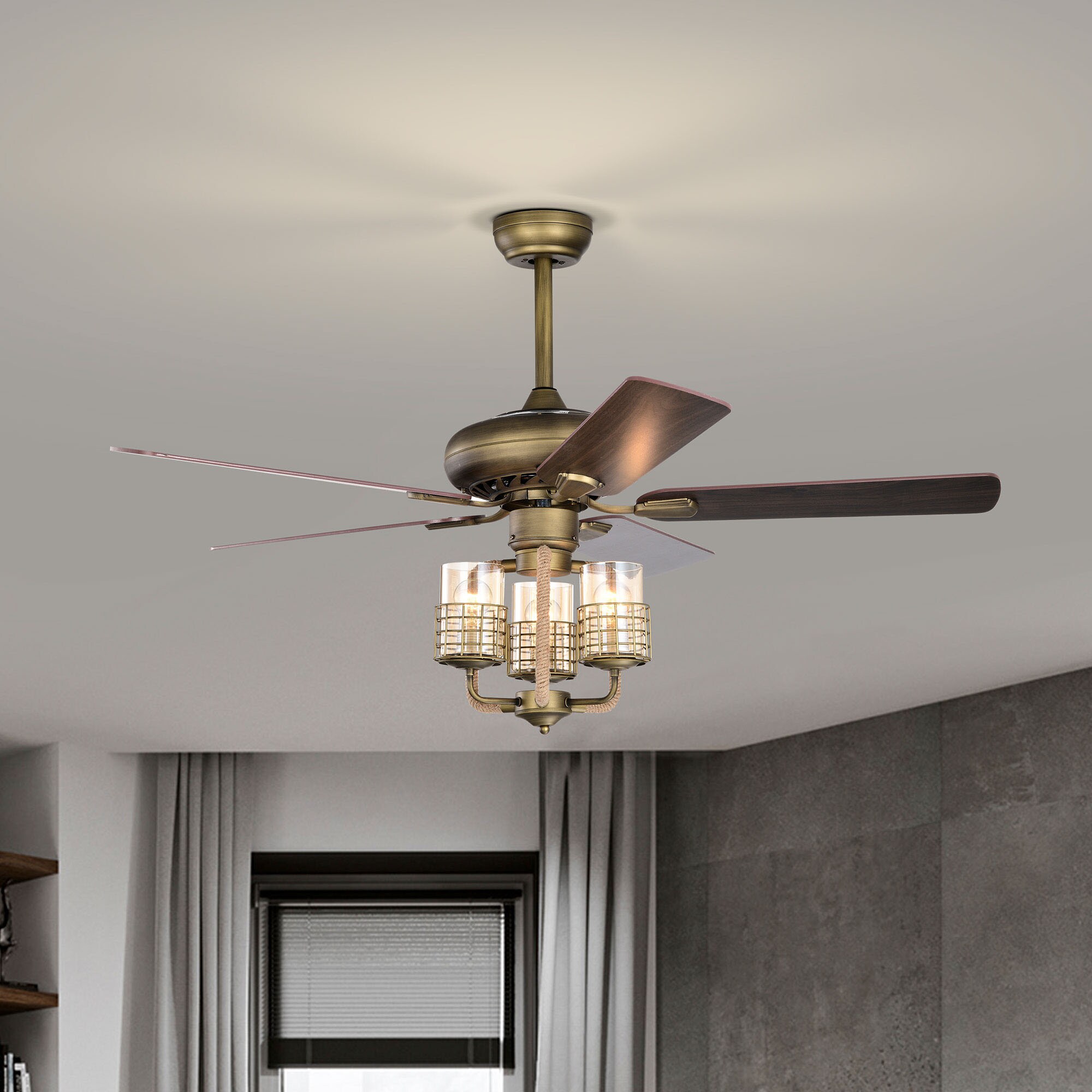 Exbrite 52-in Brushed Bronze With Walnut Blades Indoor Ceiling Fan With 