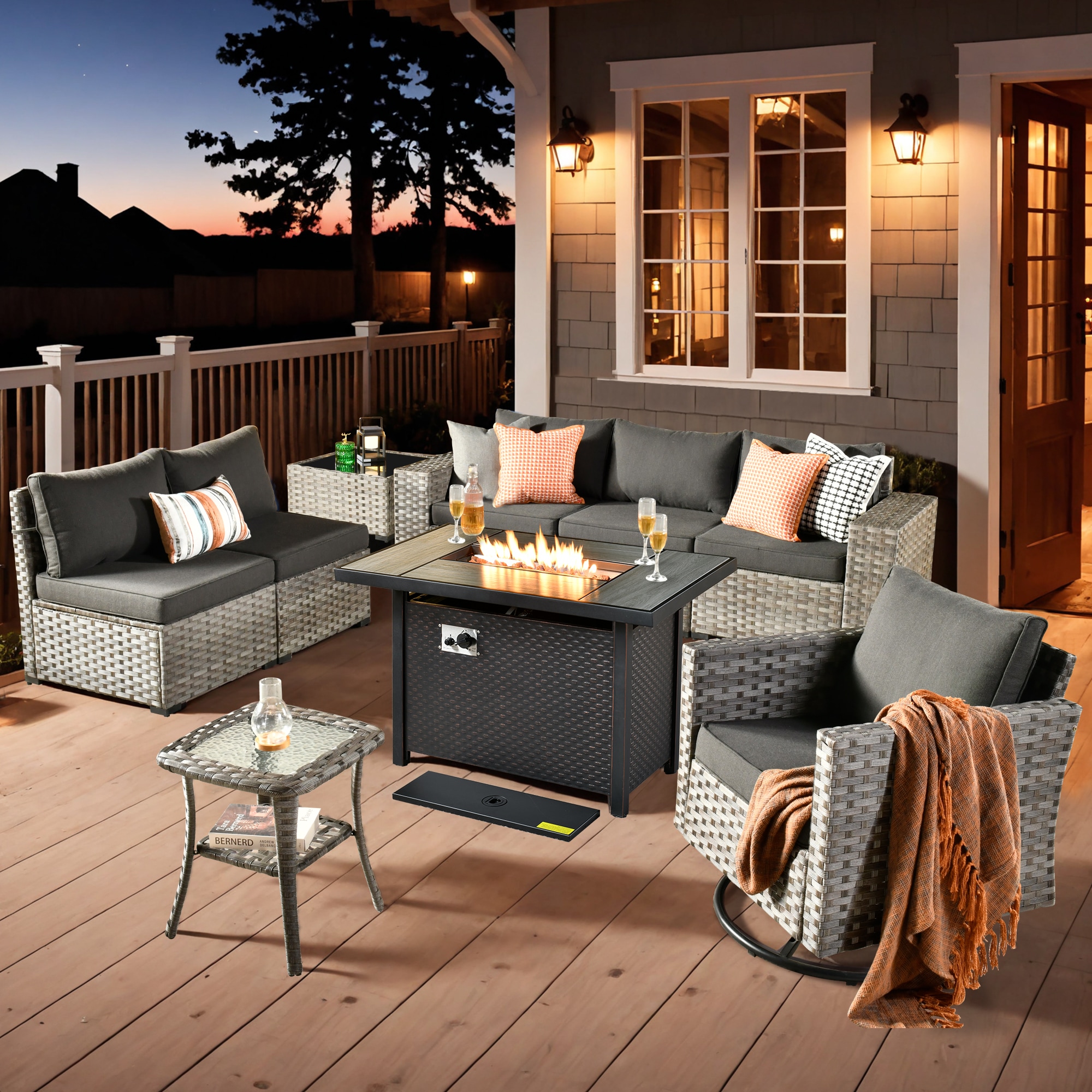 Pouuin SCFPBBR1-9 Wicker Outdoor Sectional with Black Cushions and Wicker Frame