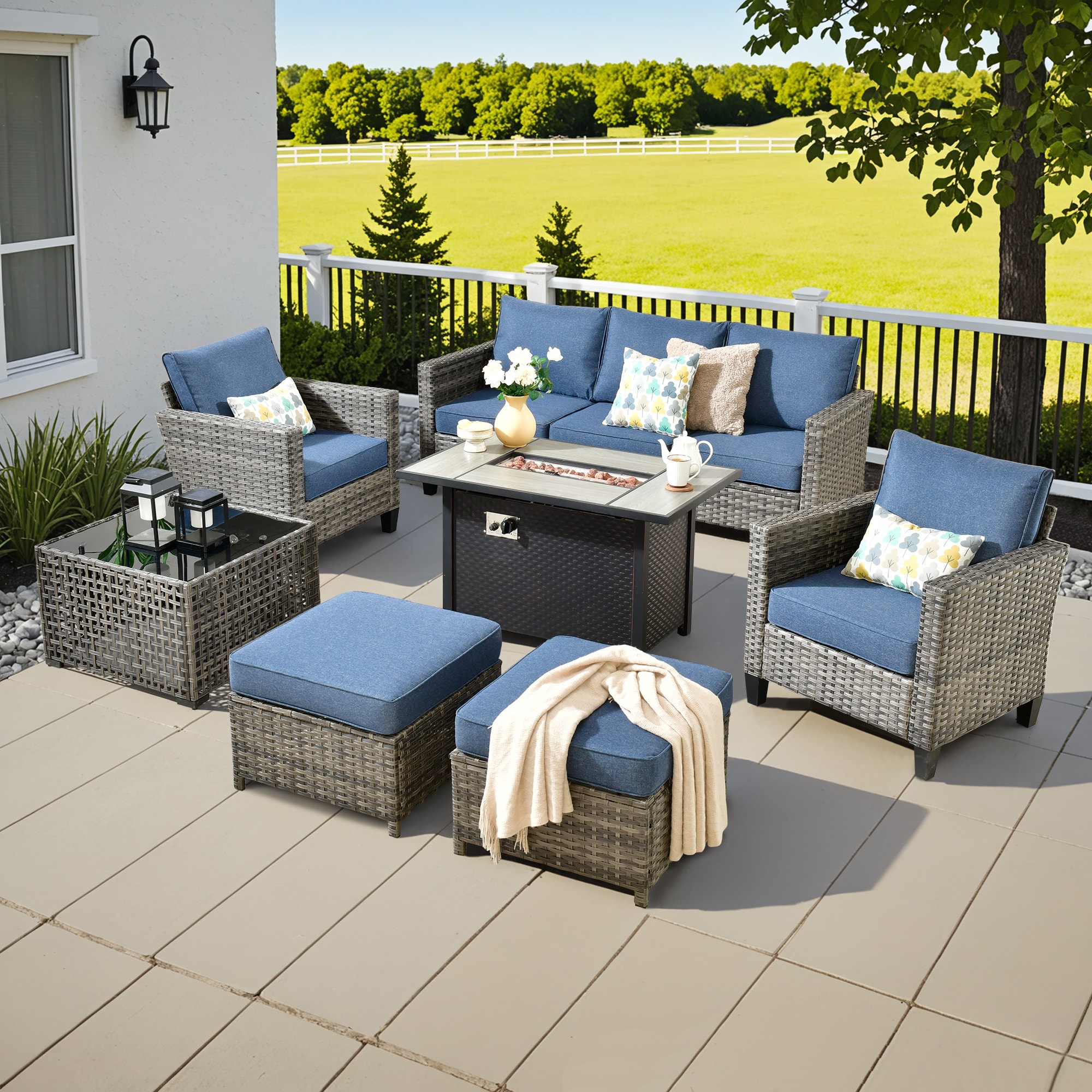 ALTRIGUS ALNGRS 7 -Piece Wicker Patio Sofa Conversation Set with Blue ...