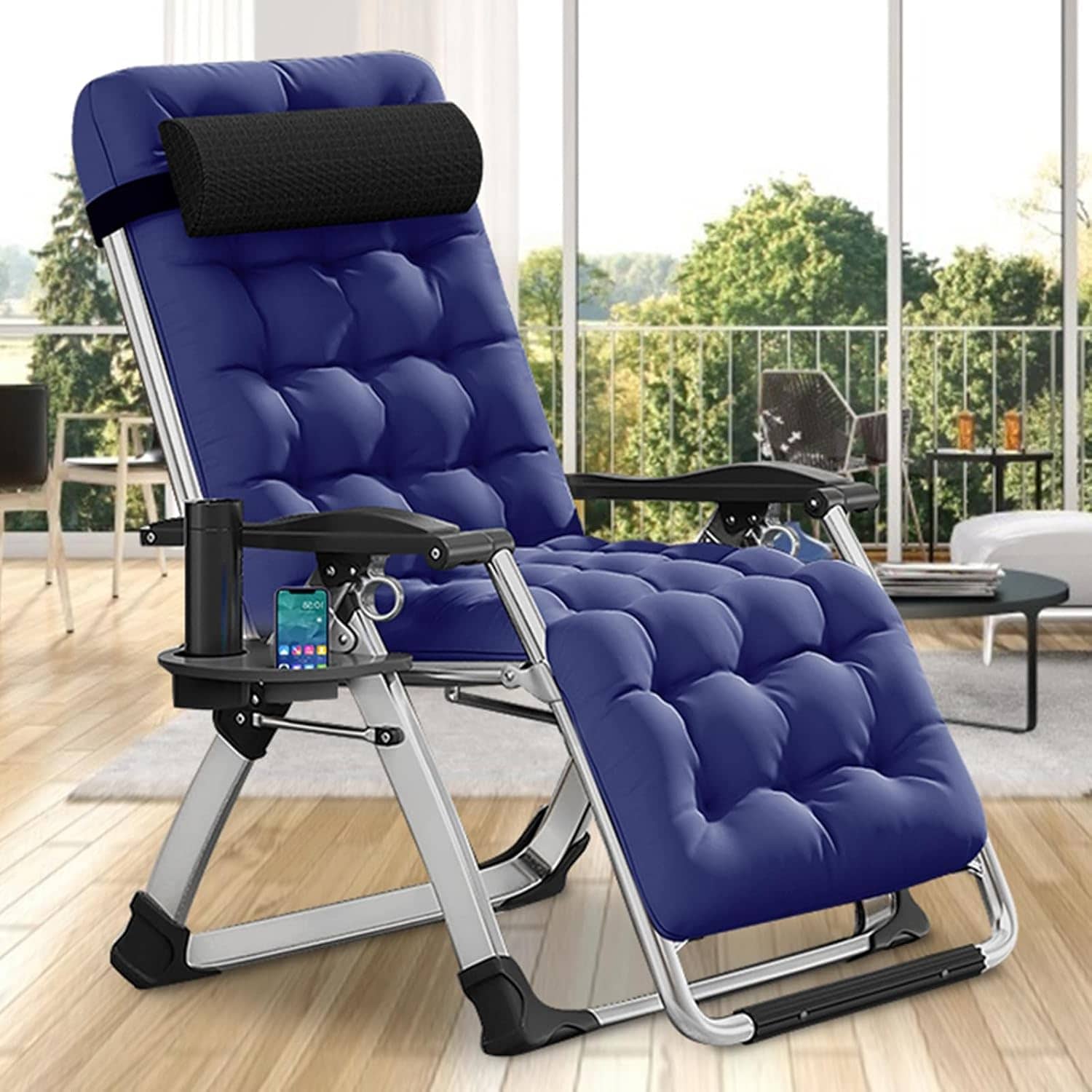 Esazn K16ZDY-XL15-LYU01 Lounge Chair Stackable Blue Steel Frame Stationary Zero Gravity Chair with Blue Esazn Cushioned Seat