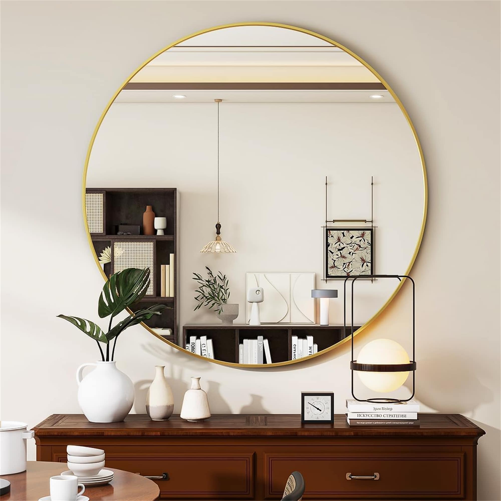 BABOOM BOM-10612BK-CO Wall Mirror 30-in x 30-in Framed Round Bathroom Vanity Mirror ( Gold )