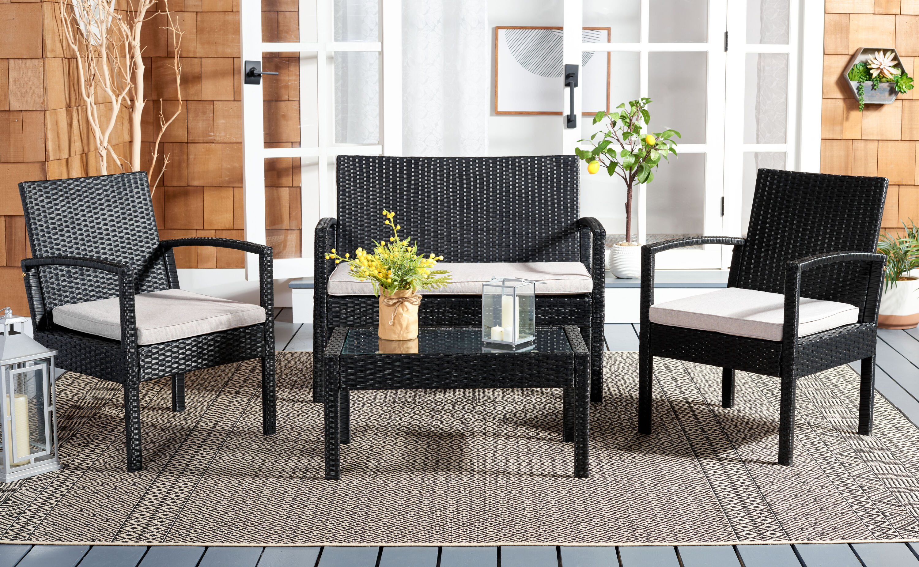 Safavieh PAT7507E Patio 4 -Piece Wicker Patio Conversation Set with Gray Cushions