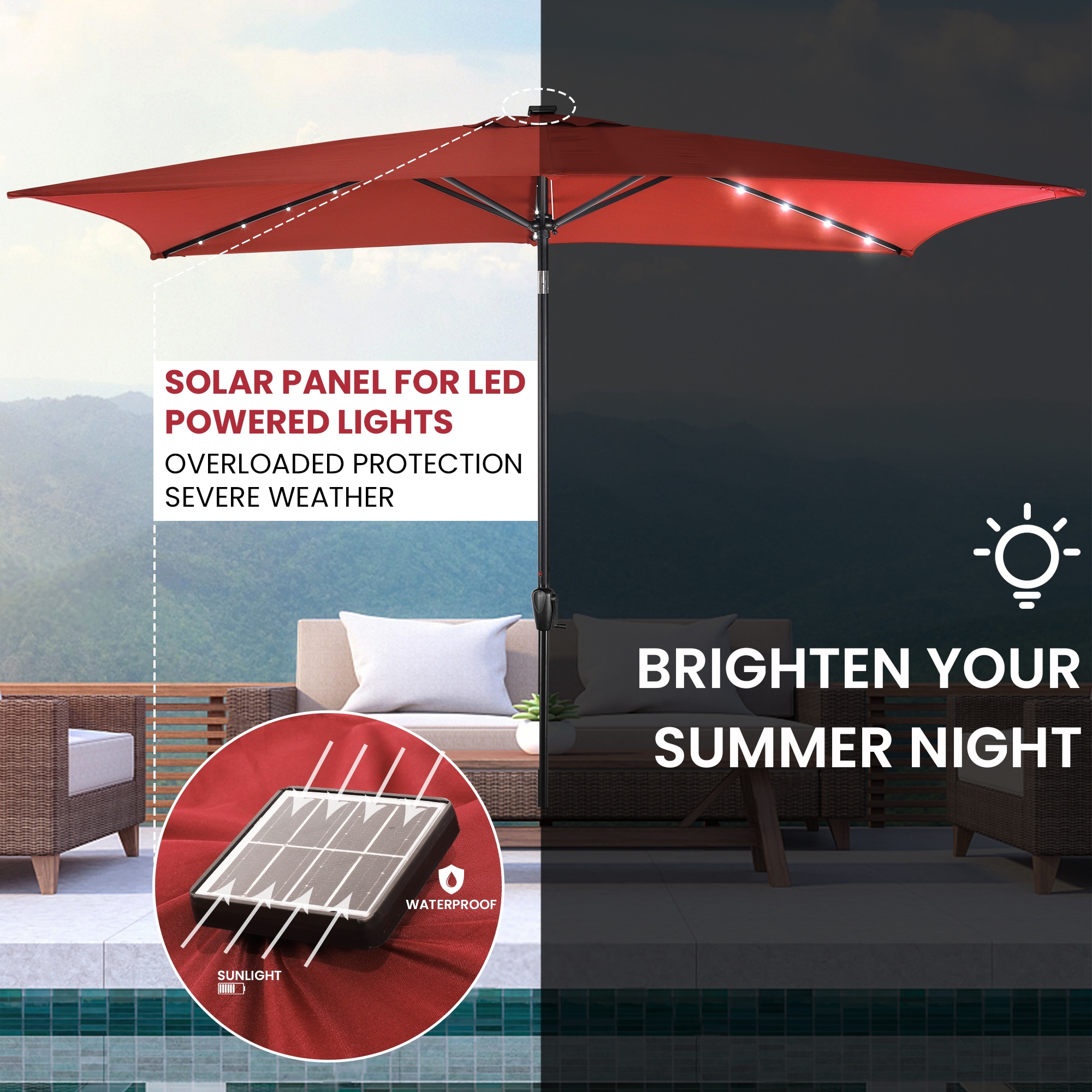 Burgundy Rectangular Solar LED Patio Umbrella with Steel Frame