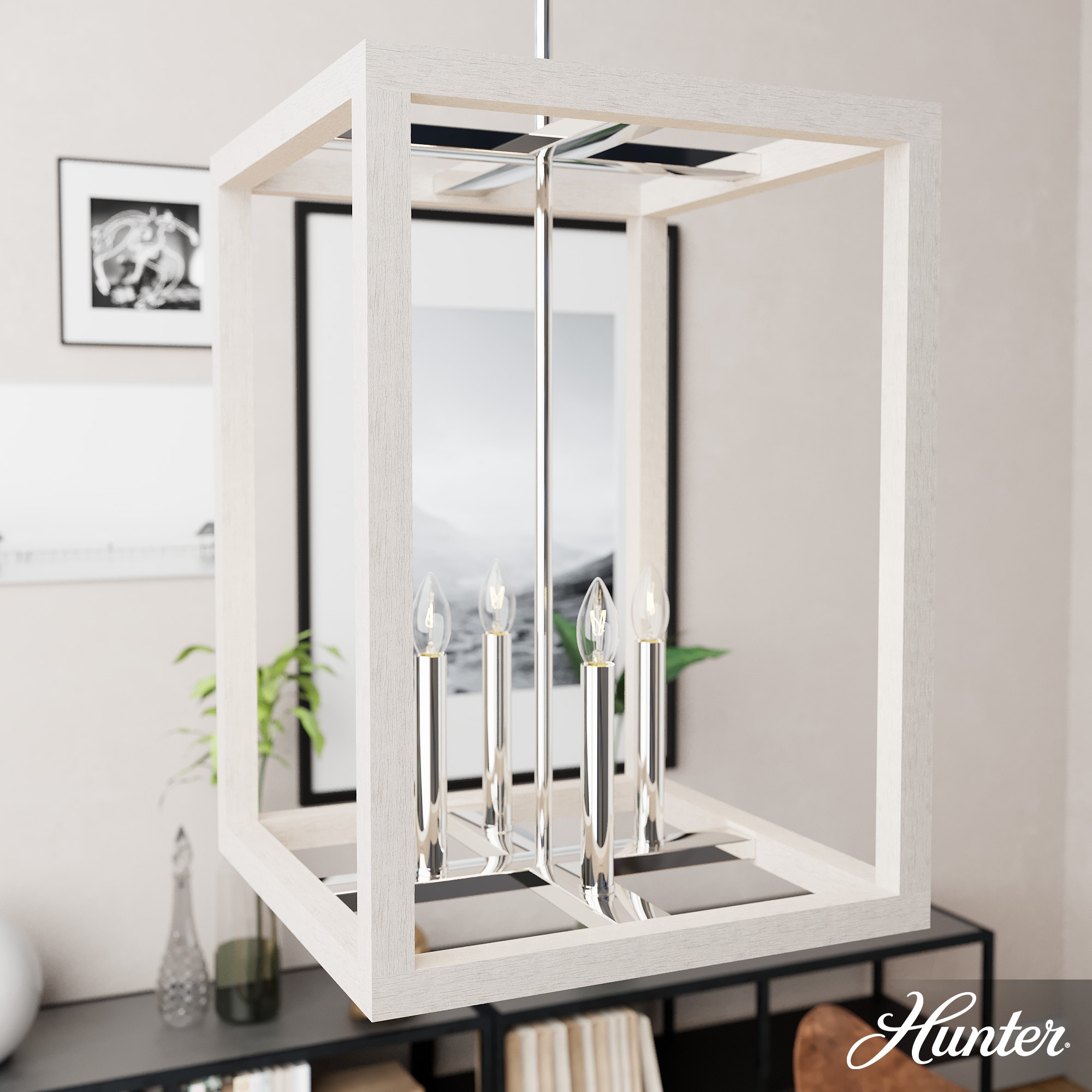 Hunter Squire Manor 4-Light Chrome Modern/Contemporary Square LED Medium Hanging Kitchen Island Light