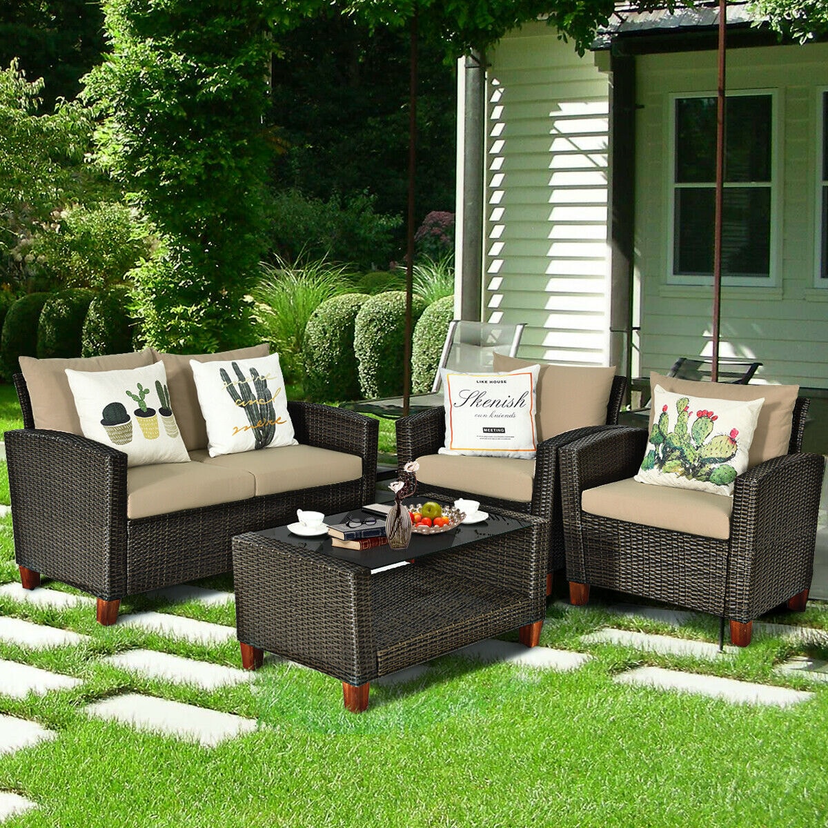 Forclover HBV-W665ABN Patio Rattan Furniture Set 4 -Piece Rattan Patio Conversation Set with Brown Cushions